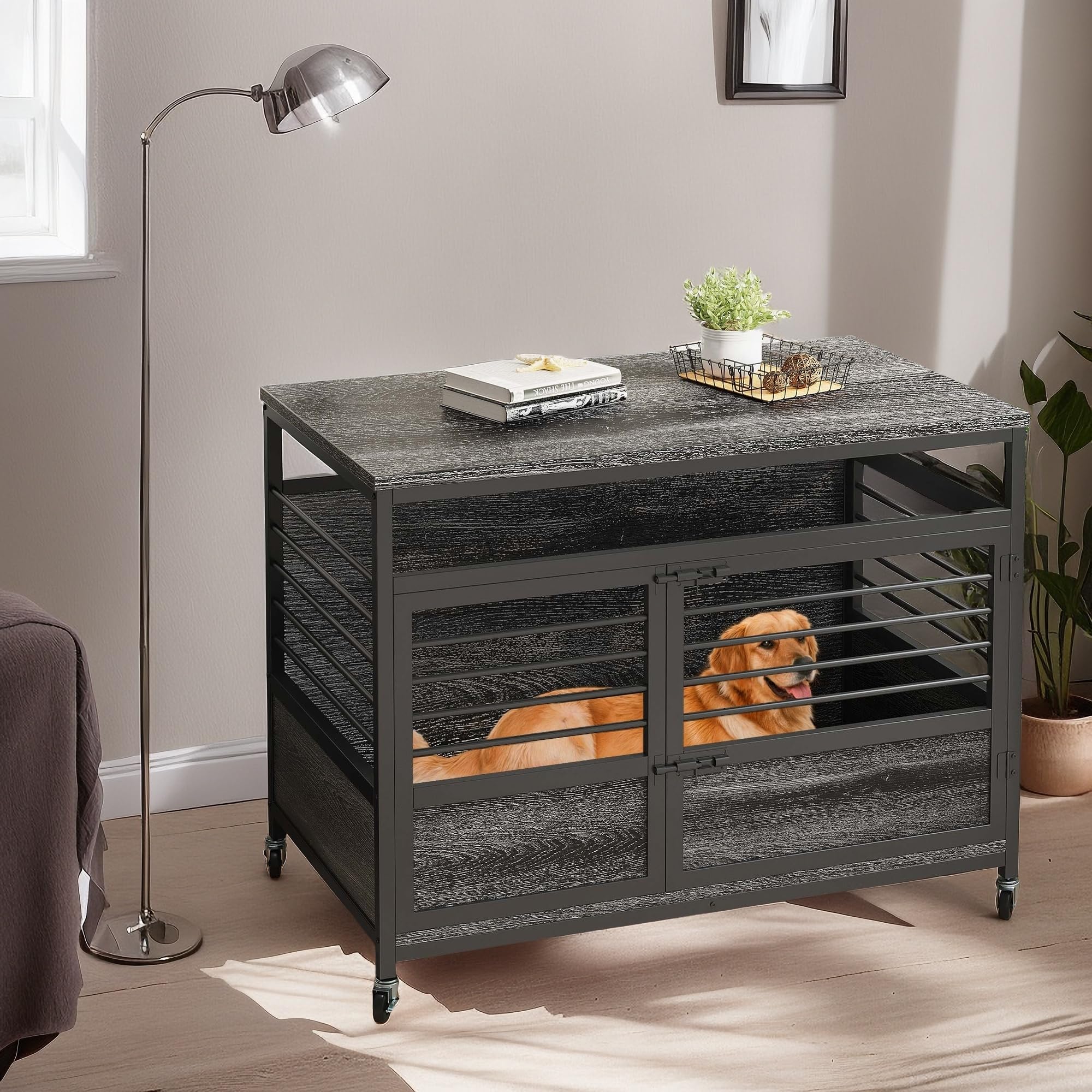 YITAHOME 39 Dog Crate Furniture with Wheels, Farmhouse Decorative Wood Dog Cage End Table Chew-Resistant Wooden Dog Kennel Indoo