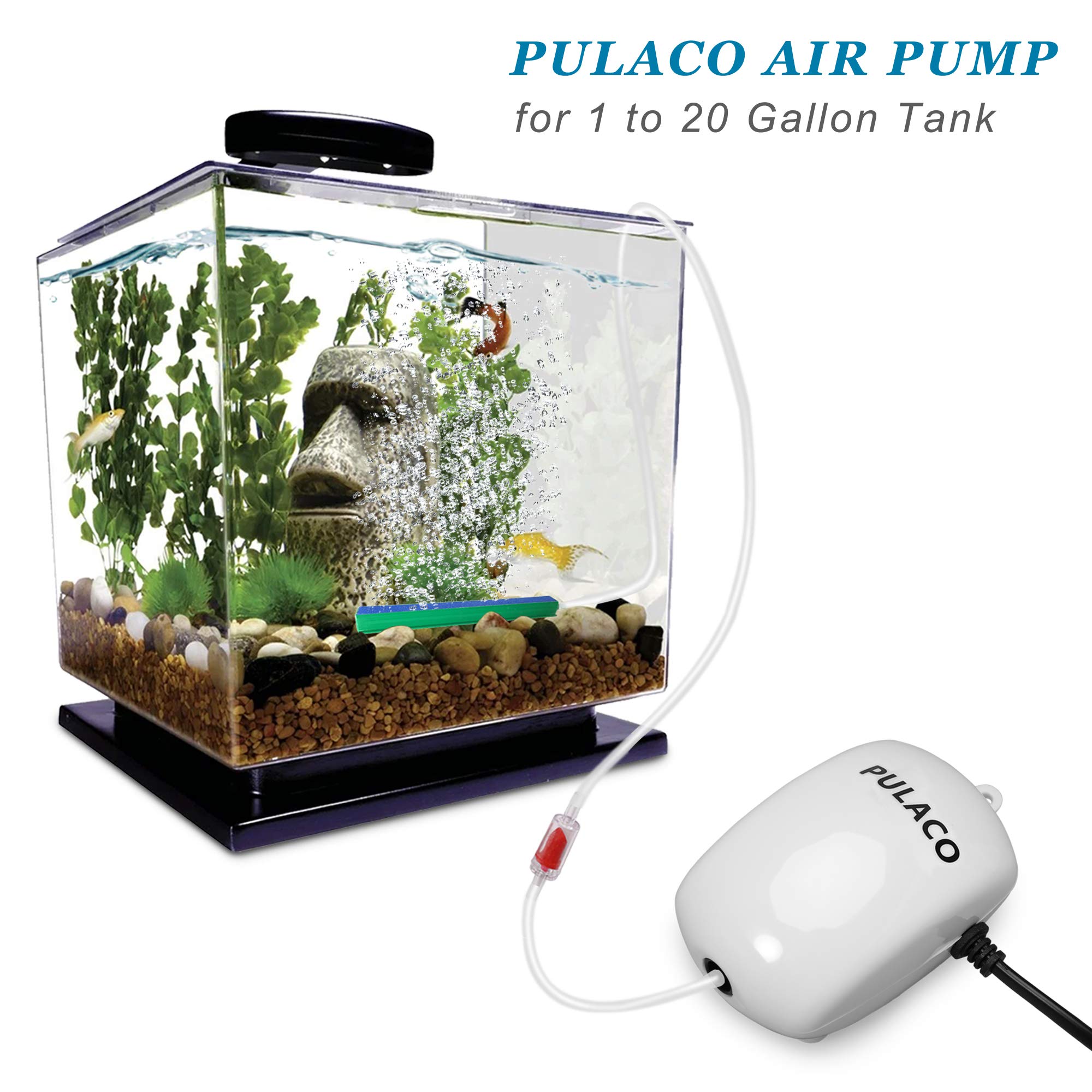 Pulaco Ultra Quiet Mini Aquarium Fish Tank Air Pump For 1-20 Gallon Fish Bowl With Air Tube Air Bubbler Stone Check Valve