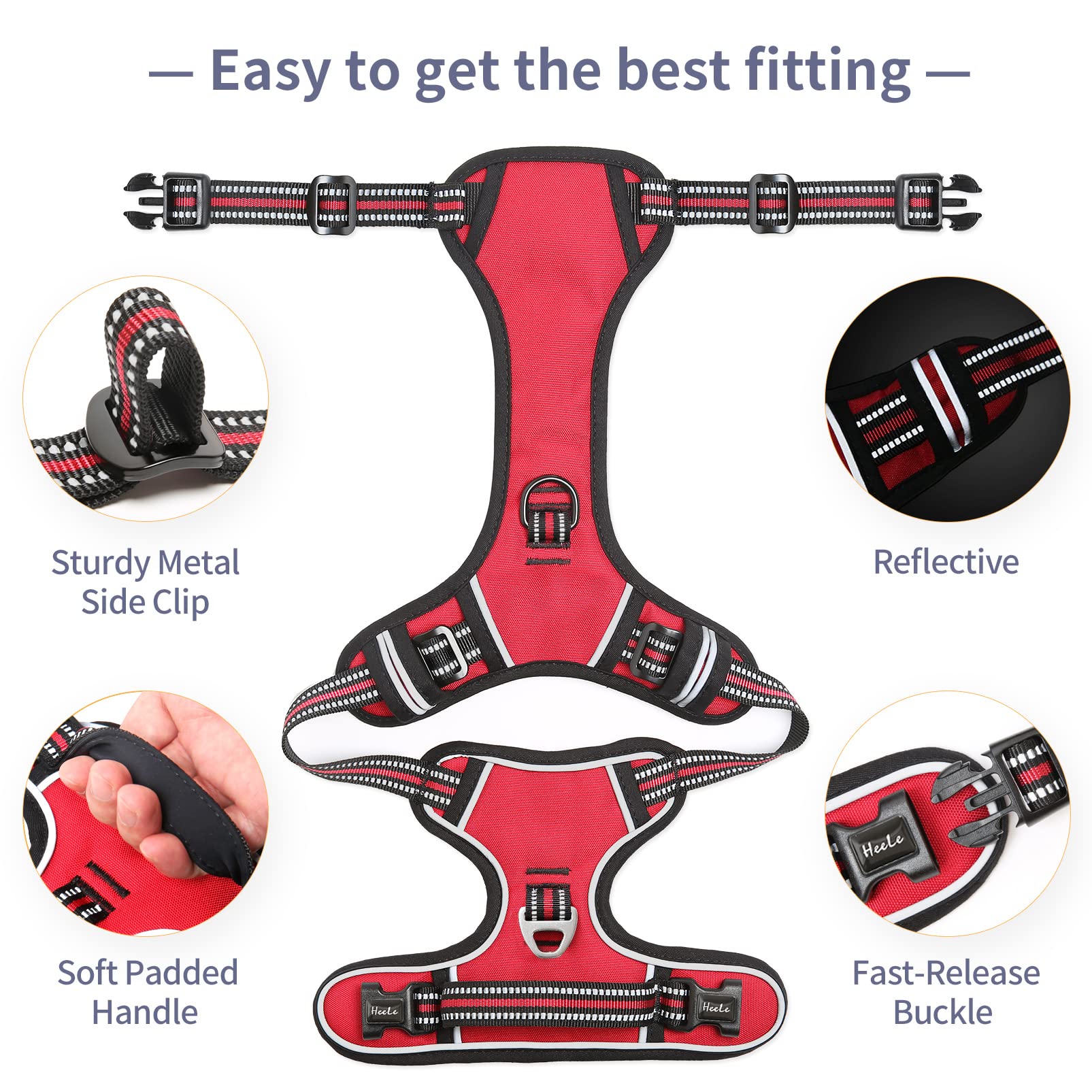 Heele Dog Harness Medium No Pull Vest Harness Adjustable Reflective And Durable For Outdoor Training, Red, M