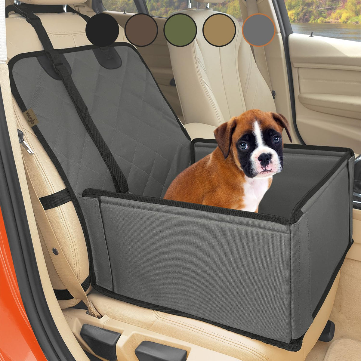 Extra Stable Dog Car Seat - Robust Car Dog Seat Or Puppy Car Seat For Small To Medium-Sized Dogs - Reinforced Walls And 3 Belts - Waterproof Pet Car Seat For Back And Front Seat (Grey/Black)