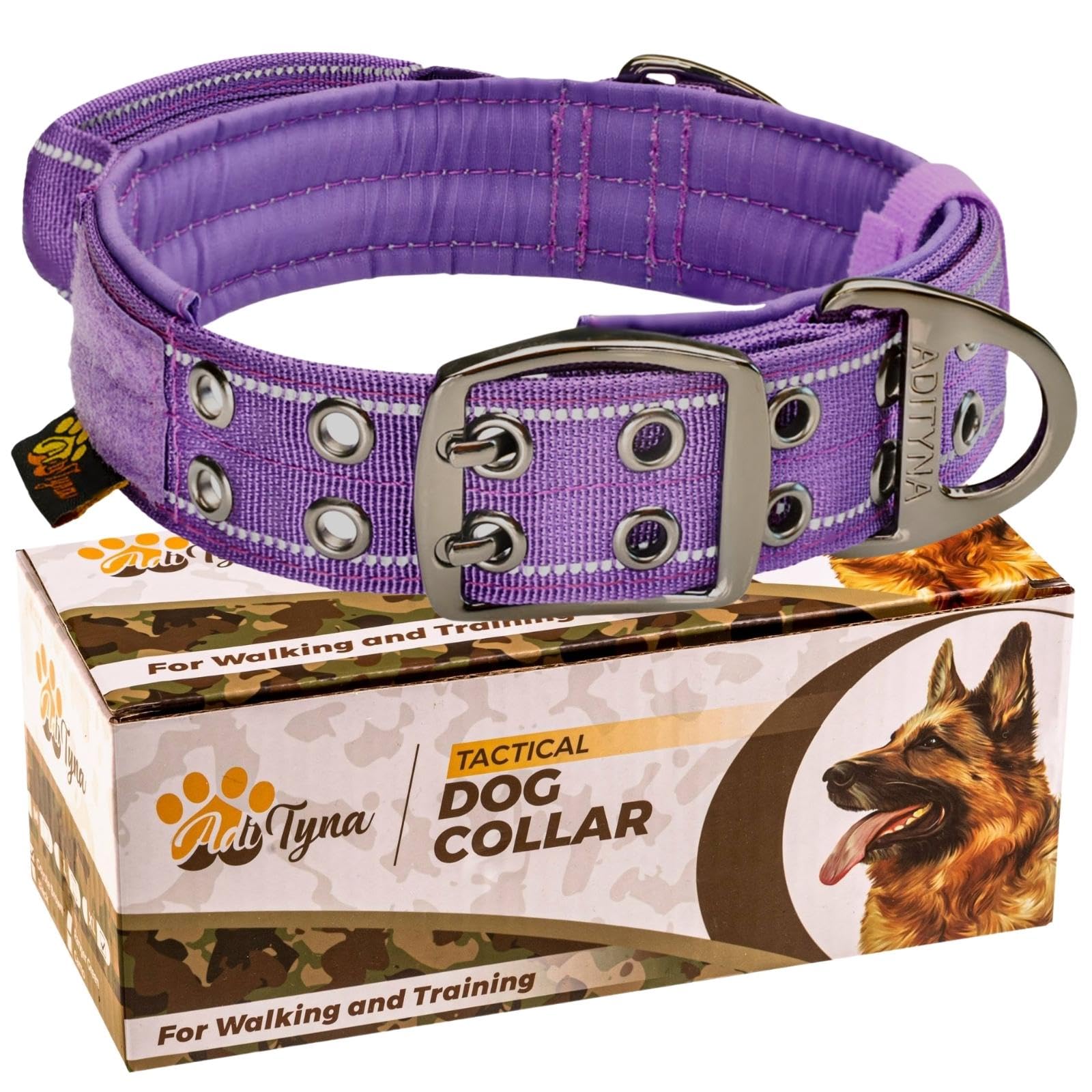 Adityna Heavy Duty Dog Collar For Medium Dogs - Reflective Purple Collar With Handle For Training, And Walking - Wide, Thick, Ta