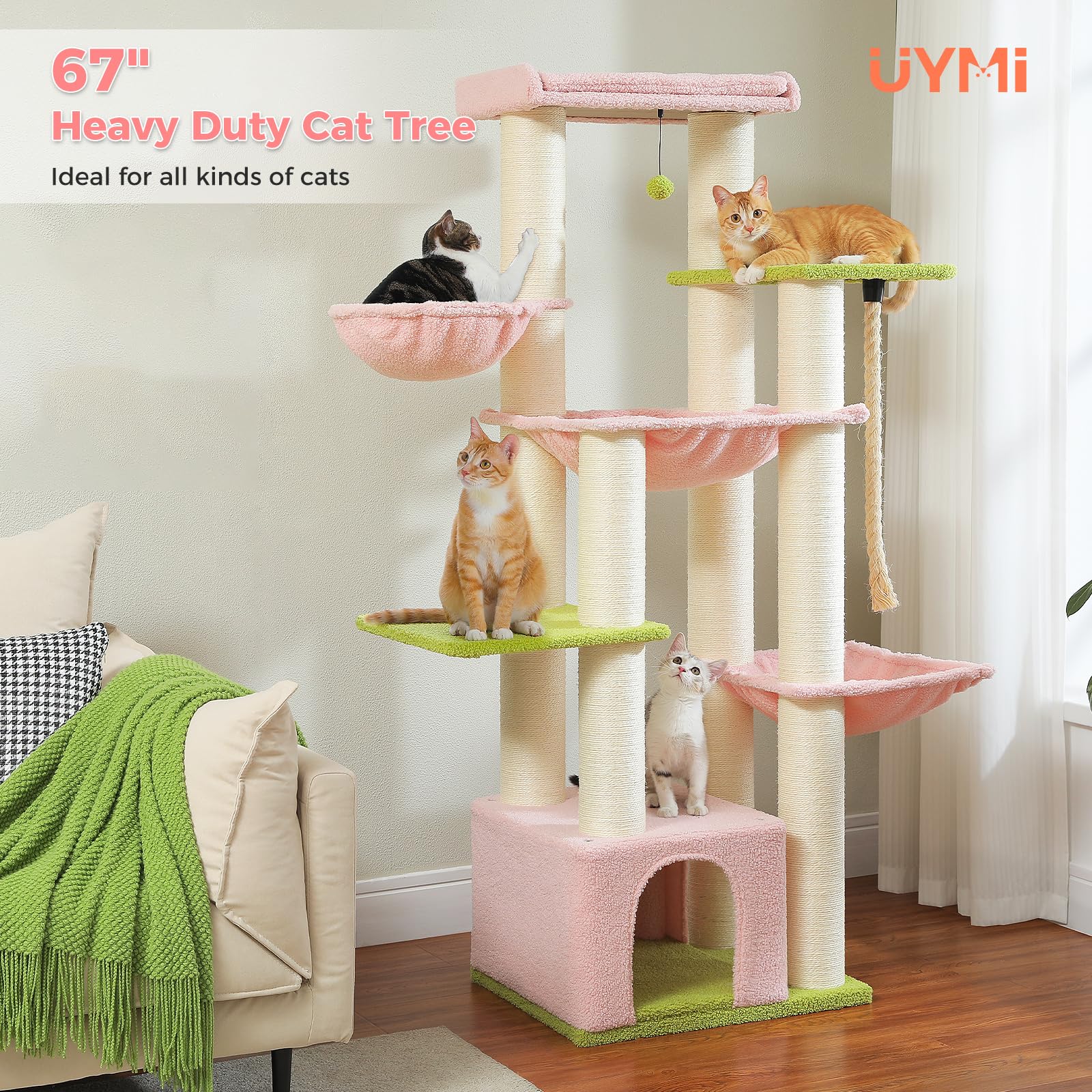 Uymi Pink 67'' Heavy-Duty Cat Tree For Indoor Cats Large Adult, Xxl Cat Tower With 13 Thick Scratching Posts (F4.3), Super Large