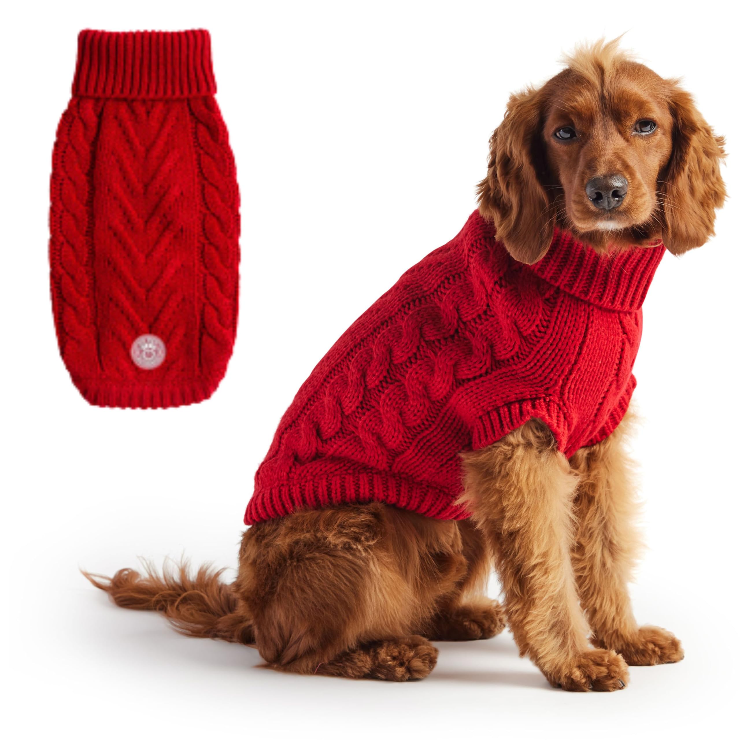 Gf Pet Chalet Cable Knit Dog Sweater - Snuggly Turtleneck Pullover For Small Medium Large Dogs | Chunky Knit Stretch Fit | Soft Ribbed Acrylic | Multi-Knit Doggy Sweaters - Red - 2X Large