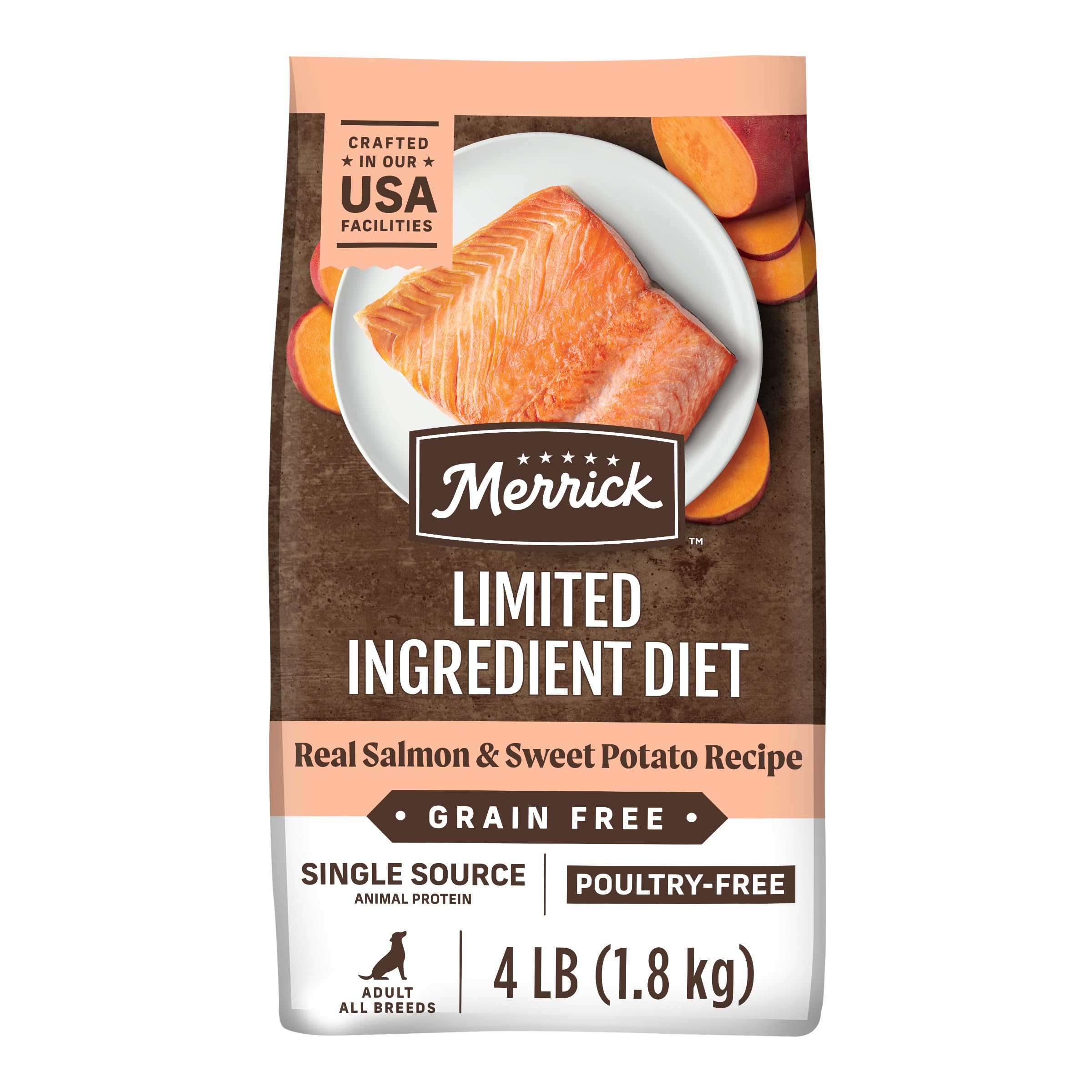 Merrick Limited Ingredient Diet Grain Free Dry Dog Food, Premium And Healthy Kibble, Salmon And Sweet Potato - 4.0 lb. Bag