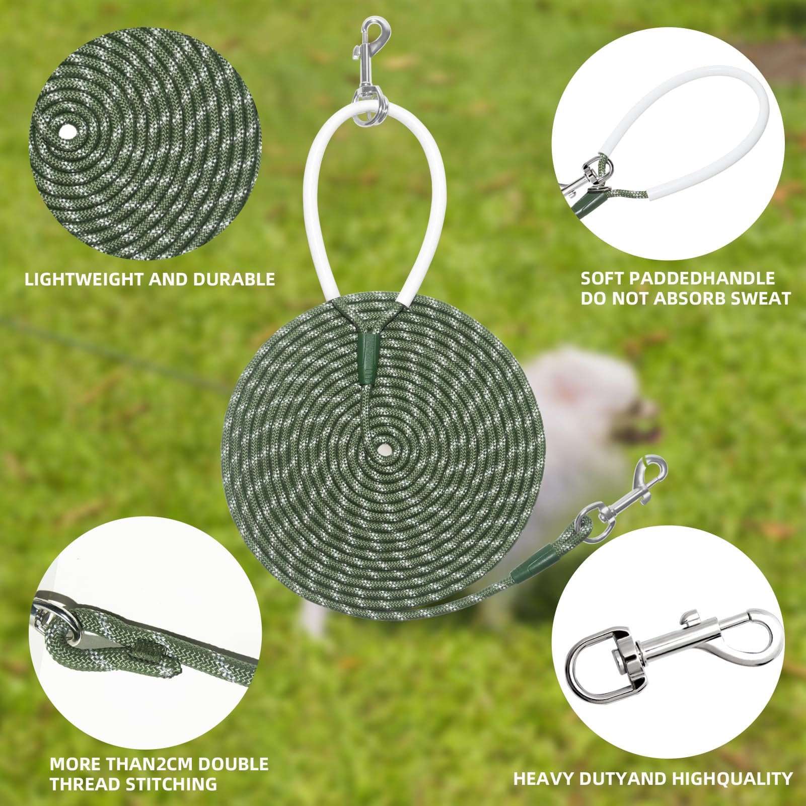 Codepets Lightweight Nylon Training Leash 20FTx1/4in Green with Comfortable Silicone Handle Highly Reflective No Tangle for Dogs