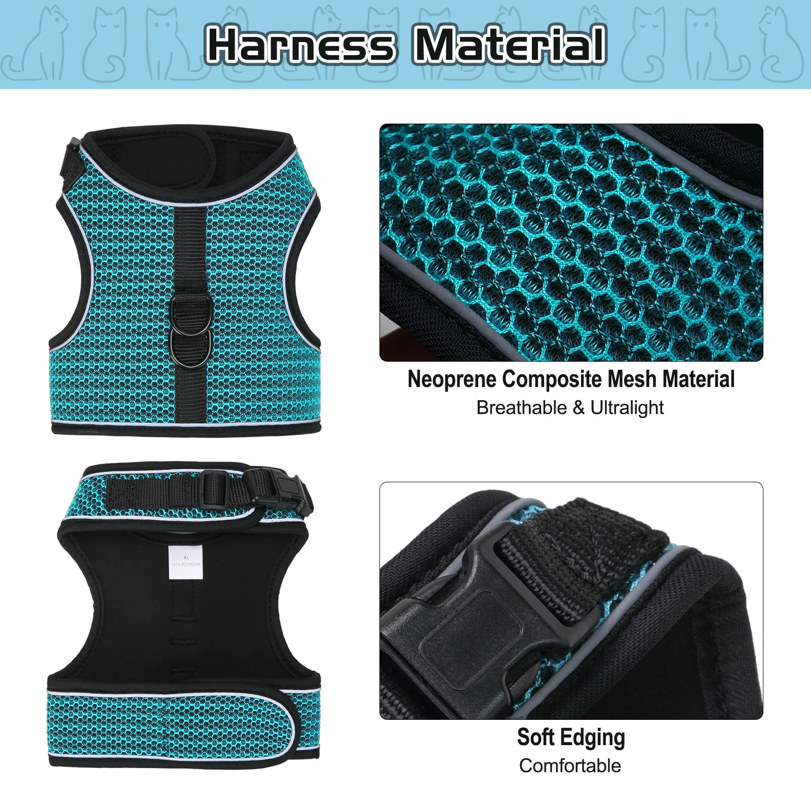 Pupteck Soft Mesh Cat Vest Harness And Leash Set Puppy Padded Pet Harnesses Escape Proof For Cats Small Dogs (Large, Lake Blue)