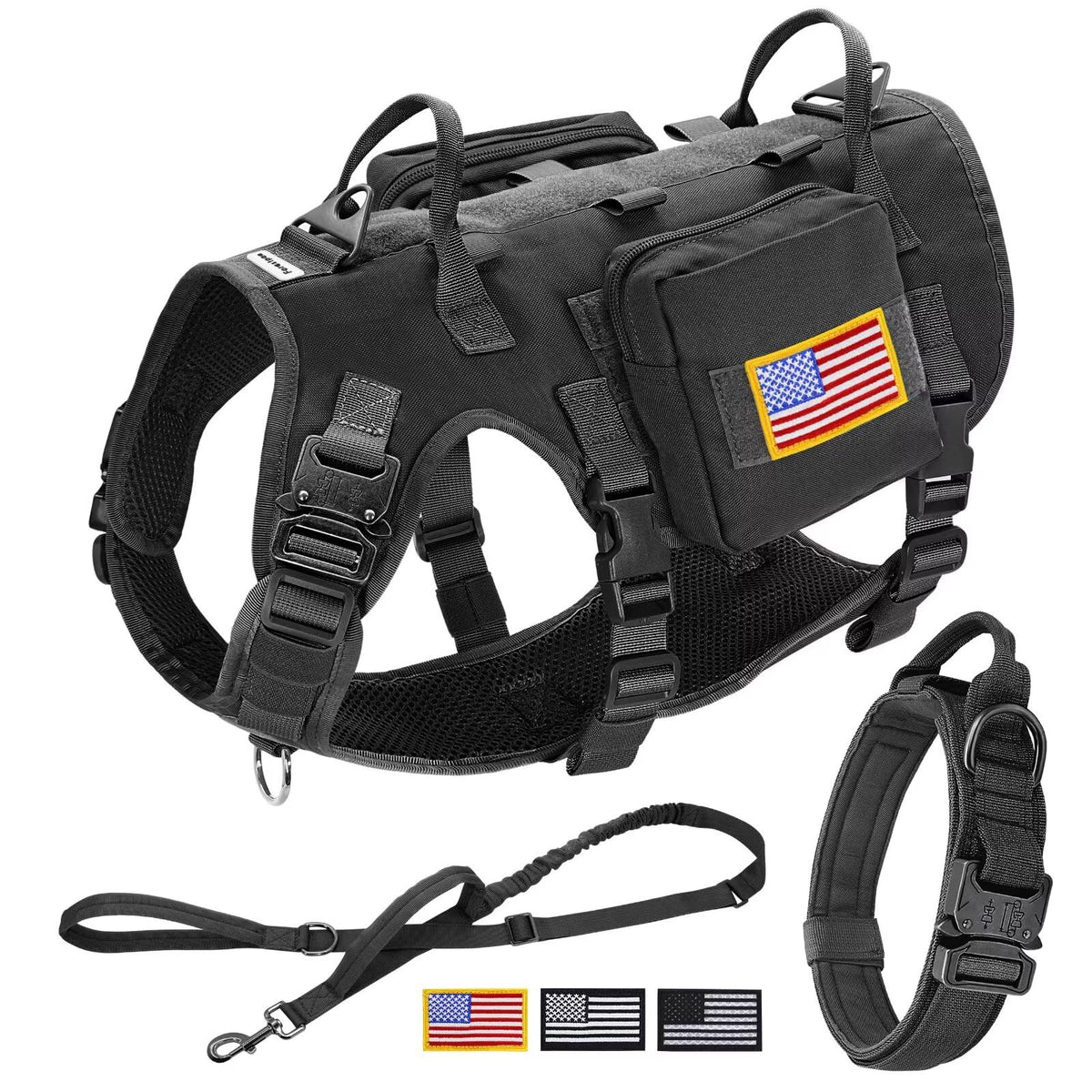 Forestpaw Tactical Dog Harness For Large Dogs,Tactical Dog Collar With Bungee Leash Set,No Pull Military Dog Harness For Walking