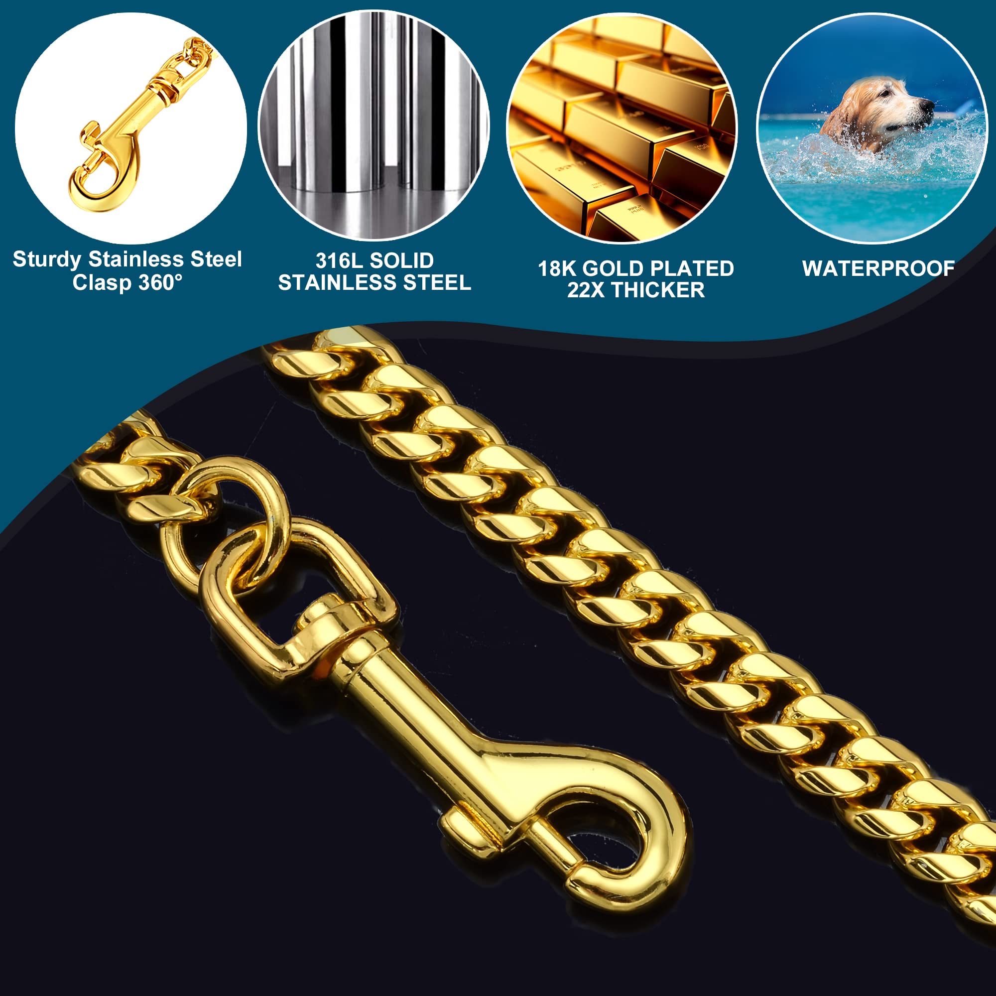 Idofas Gold Dog Chain Leash 18K Gold Stainless Steel Cuban Link Dog Leash With Leather Handle For Dogs Collar Chains(3Ft)