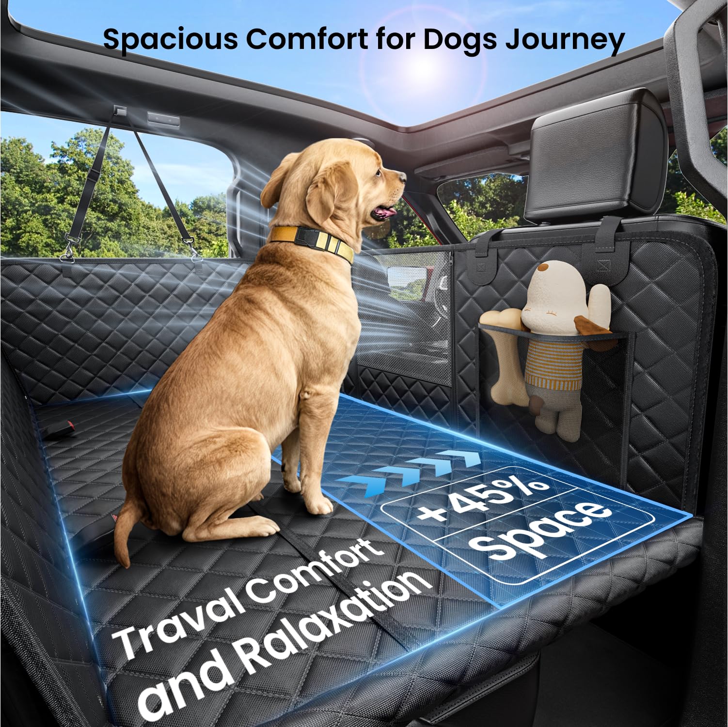 Reevaa Dog Car Seat Cover For Back Seat, Hard Bottom Dog Hammock, Pet Bed Extender For 2-4 Large/Medium Dogs, Waterproof Seat Pr