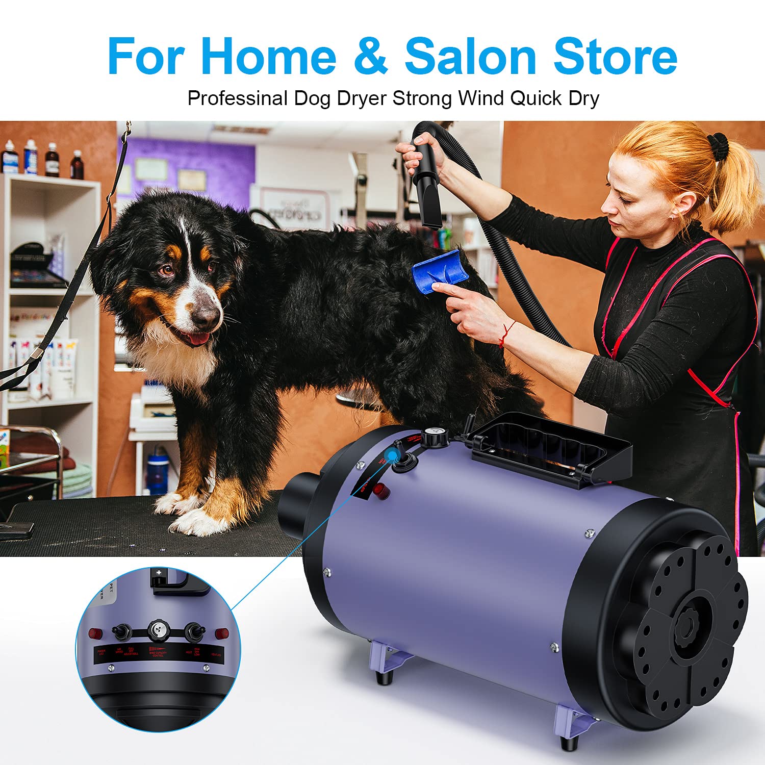 Professional Dog Grooming Dryer With Heater, 4.3Hp High-Power Dog Blower, Variable Speed Adjustable, Low Noise Pet Hair Dryer For All Breeds(Purple)