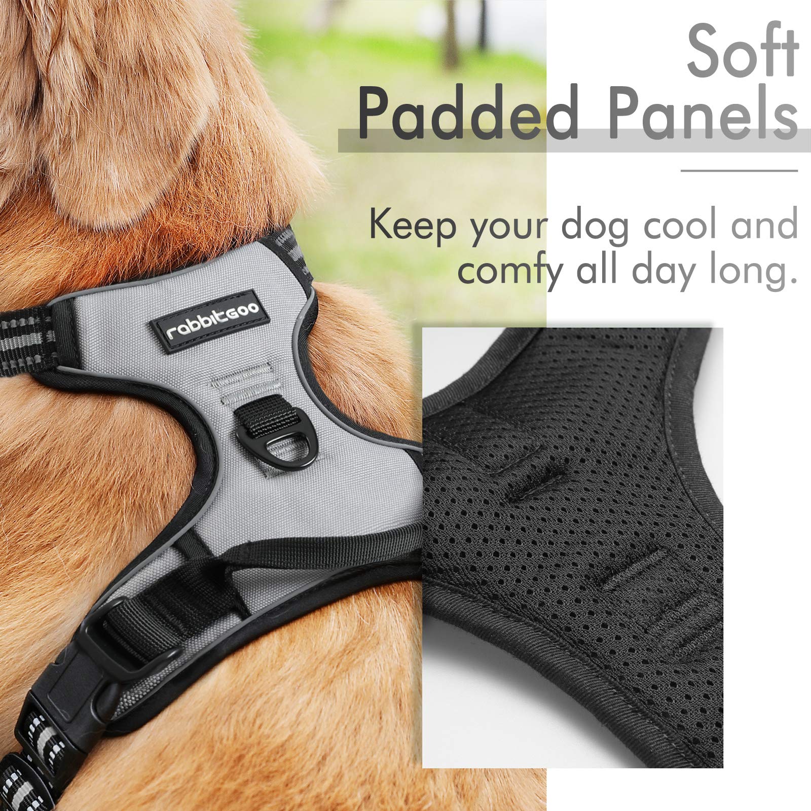 Rabbitgoo Dog Harness, No-Pull Pet Harness With 2 Leash Clips, Adjustable Soft Padded Dog Vest, Reflective No-Choke Pet Oxford Vest With Easy Control Handle For Large Dogs, Grey, L