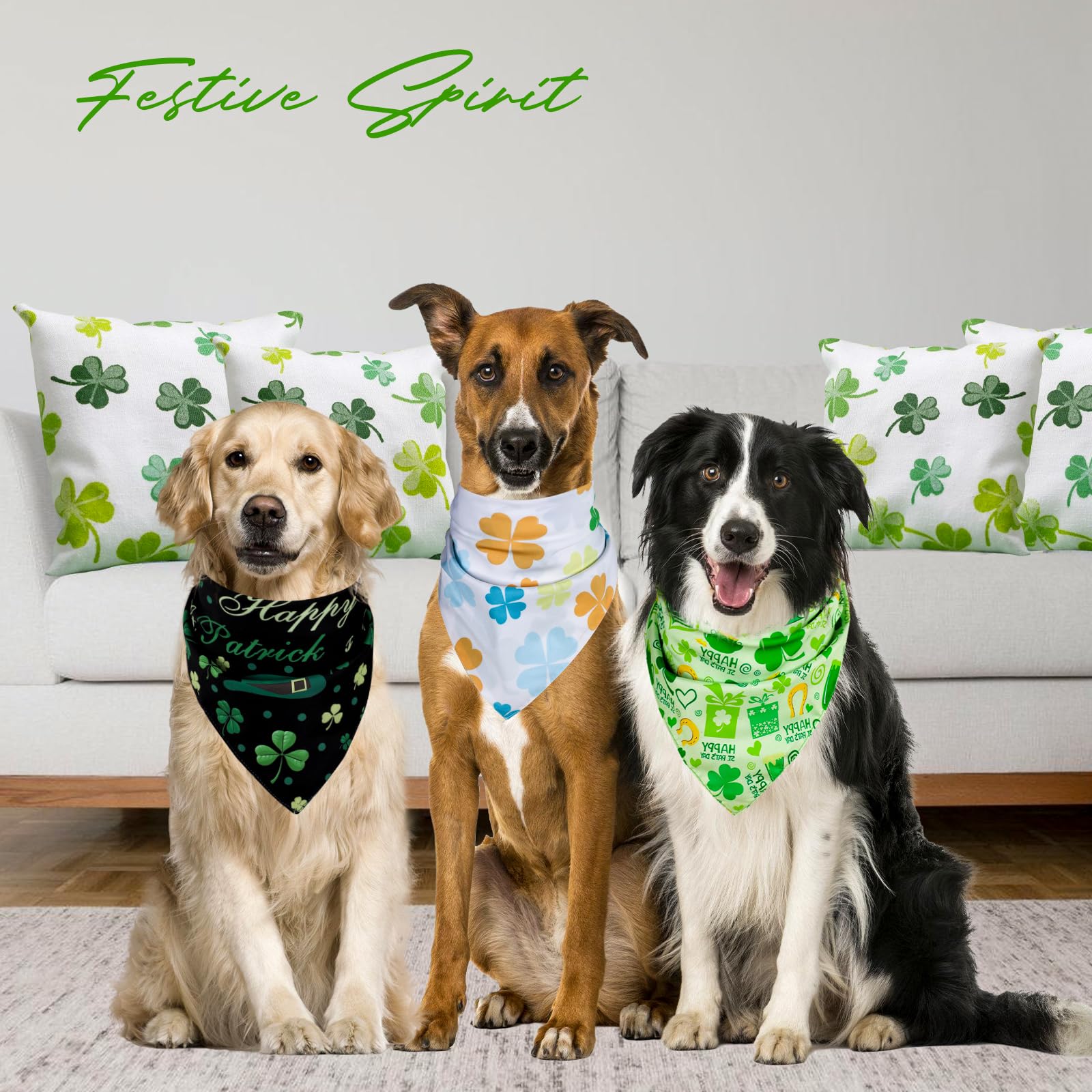 Fhtonge Native St. Patrick'S Day Dog Bandanas Double Layer, 3 Pack 6 Pattern Reversible Lucky Shamrock Clover Holiday Pet Bandan