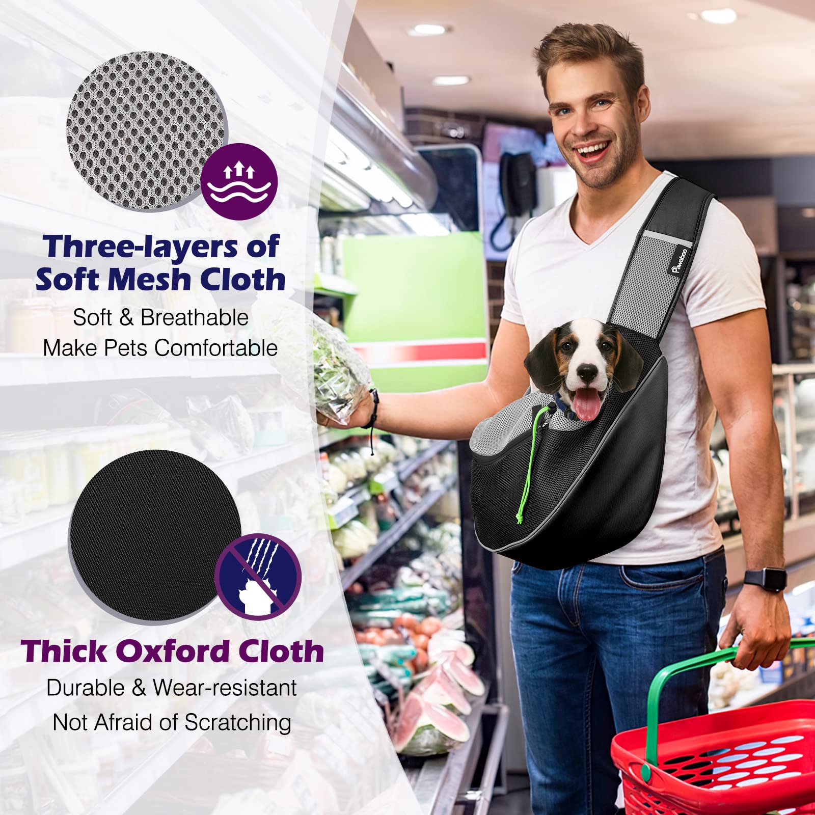 Pawaboo Pet Dog Sling Carrier, Hand Free Drawstring Dog Papoose With Adjustable Strap, Breathable Mesh Bag For Puppy Cat, Crossbody Satchel Dog Purse With Pocket For Outdoor Travel, Black, Small