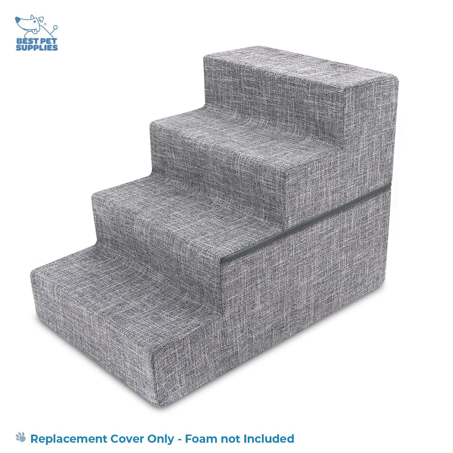 Best Pet Supplies 4-Step Foldable Pet Stairs Cover - Non-Slip Plush Fabric, Gray Linen, Provides Traction & Stability for Dogs