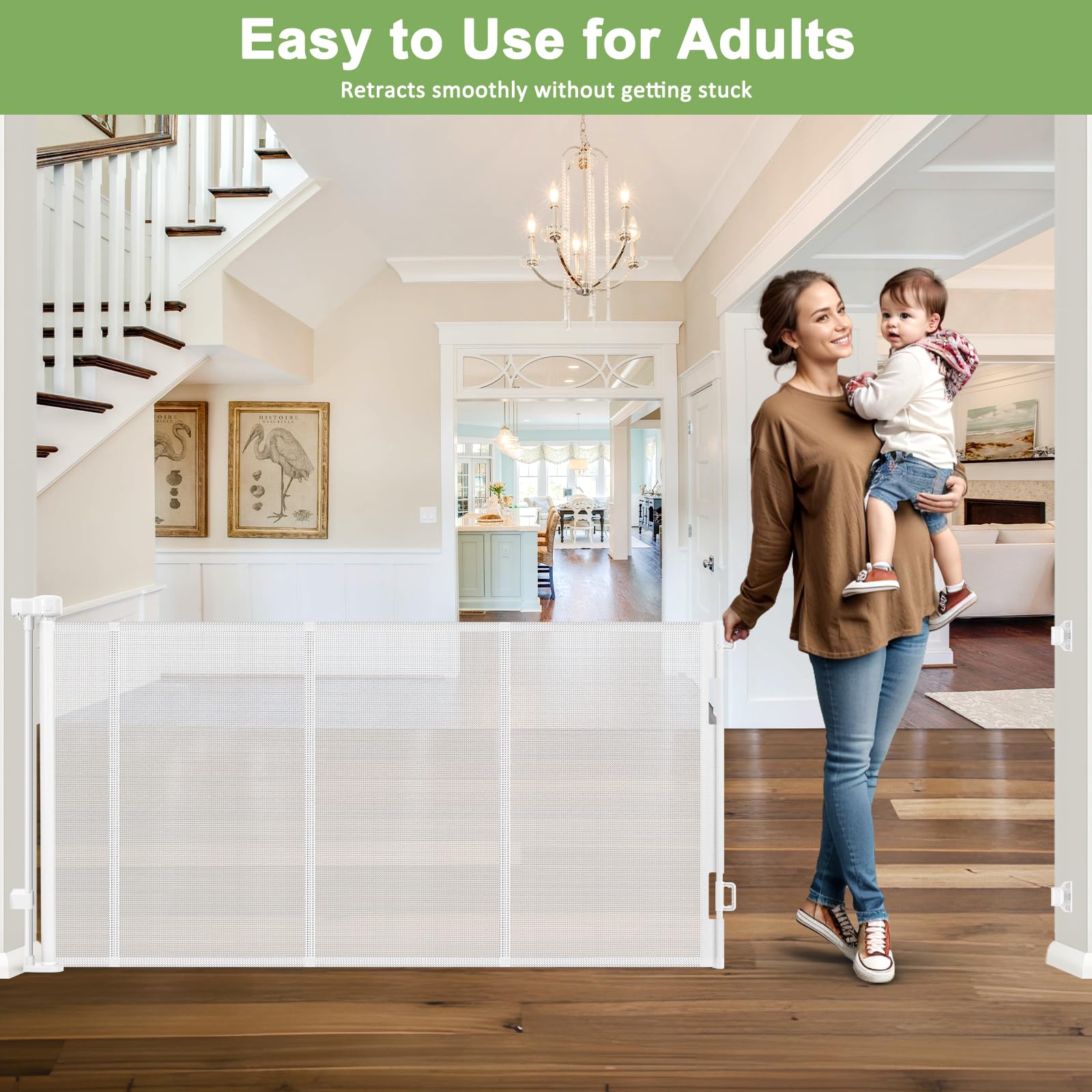 Reinforced 100 Inch Retractable Baby Gates for Doorways Extra Wide Baby Gates for Large Openings with Support Rods Retractable B