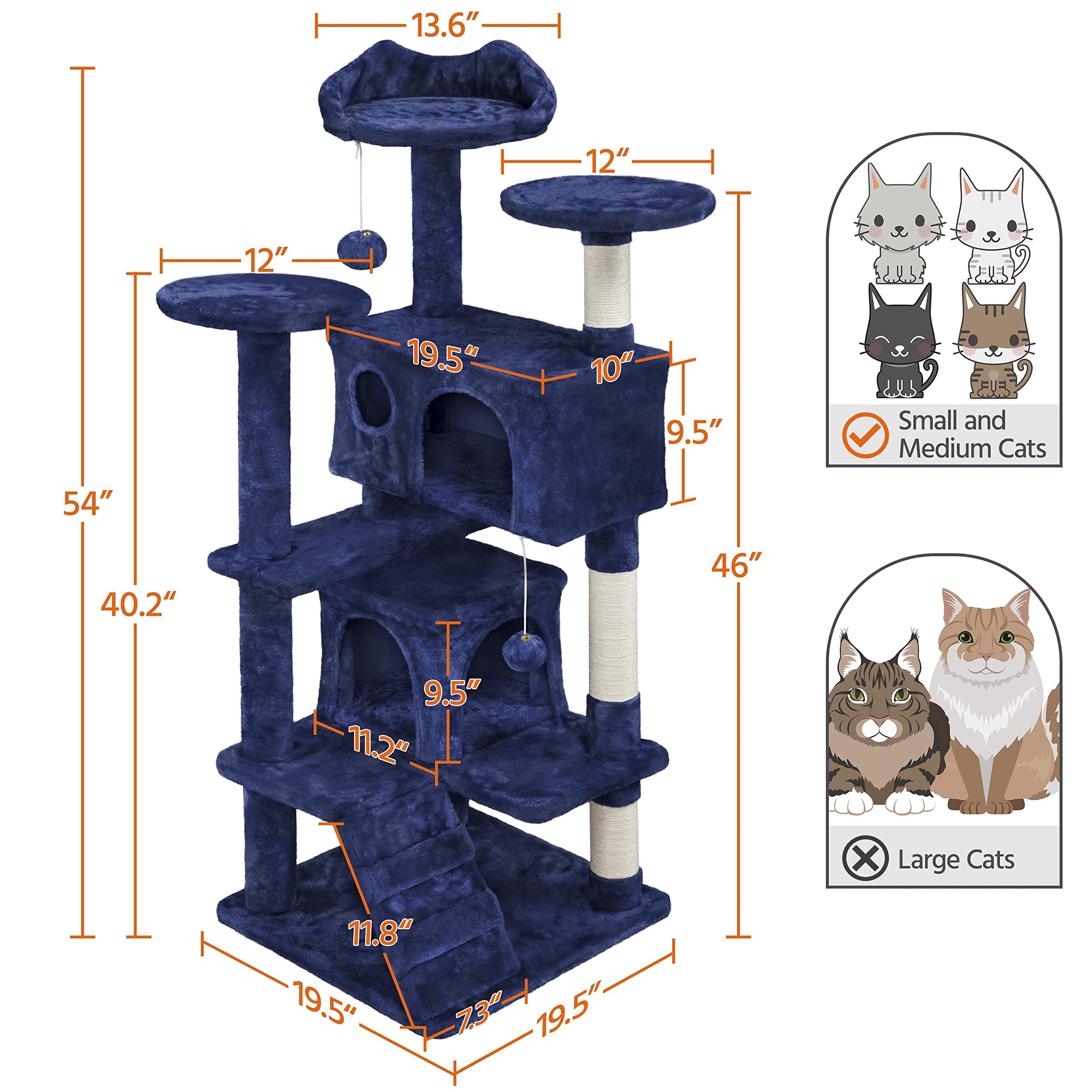 Topeakmart 54In Cat Tree, Cat Tower W/Large Cat Condo Scratching Posts And Perch, Cat Stand House Furniture, Navy Blue