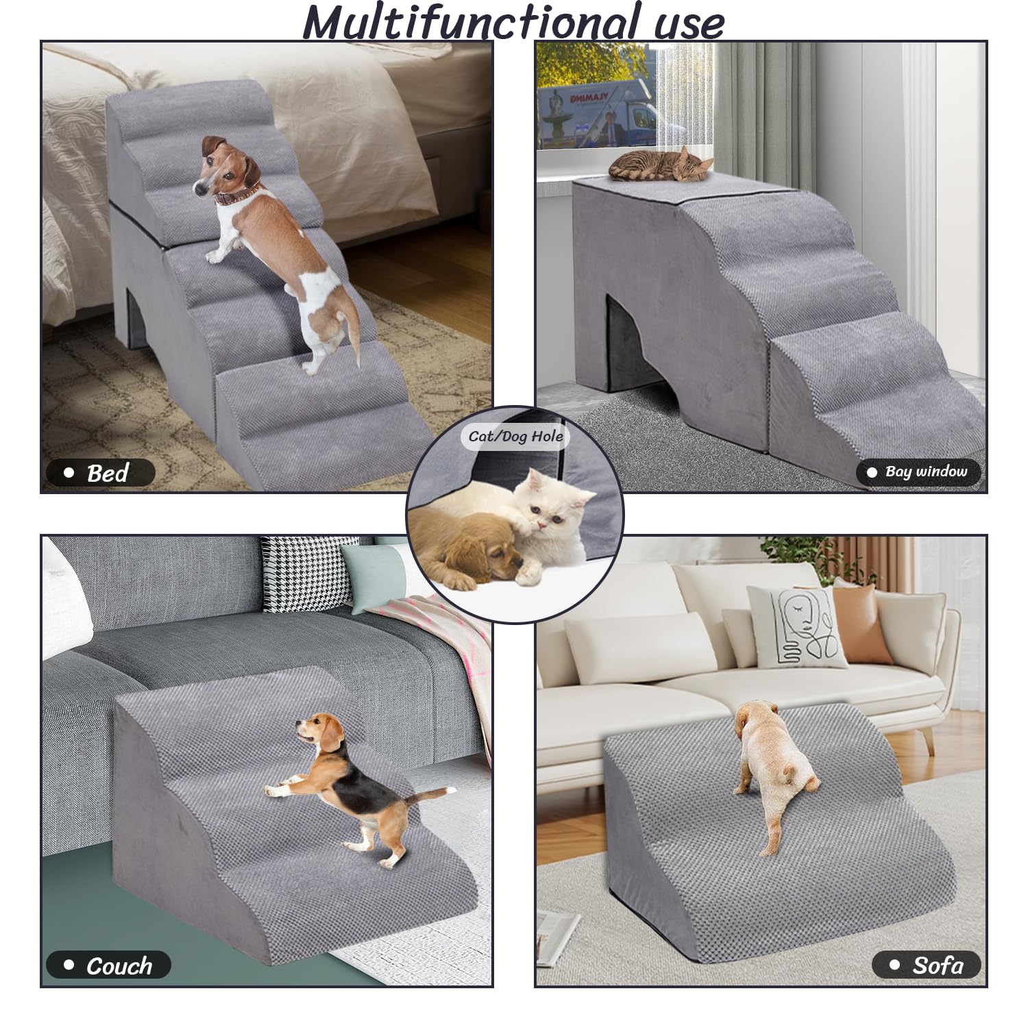 MALOROY 7 Tiers 34inch Extra Wide Foam Dog Ladder/Ramps for High Bed, Non-Slip Pet Step/Stairs for Older Injured Dogs, Cats -Gre