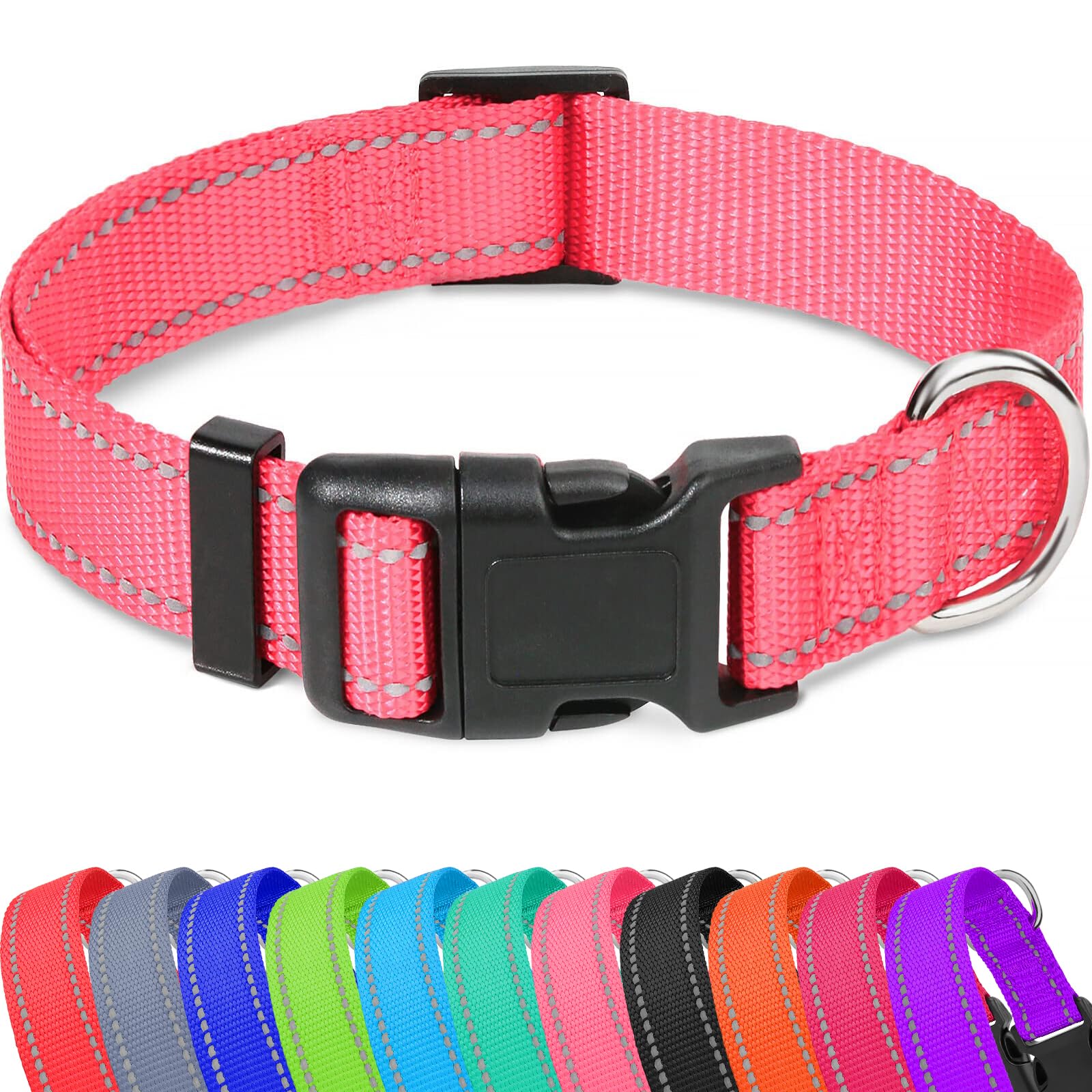 Taglory Reflective Adjustable Dog Collars For Puppy Small Medium Large Dogs, Thin Nylon Webbing And Quick Release Plastic Buckle(Noen Pink Medium)