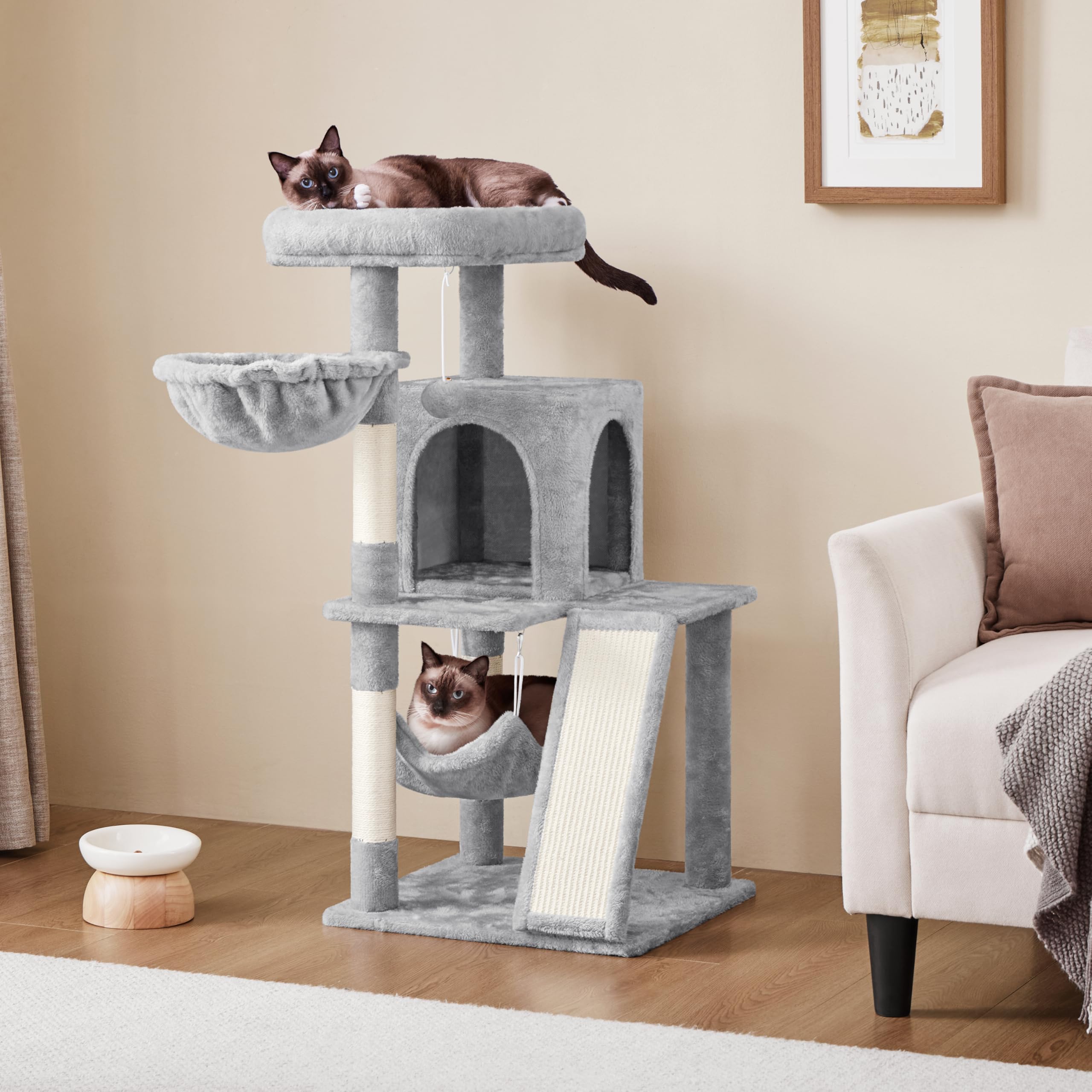 Yaheetech Cat Tree Cat Tower, 40-Inch Cat Condo With Oversized Soft Platform, Scratching Board, Basket And Hammock, Cat Furniture For Kittens Cats Pets, Light Gray