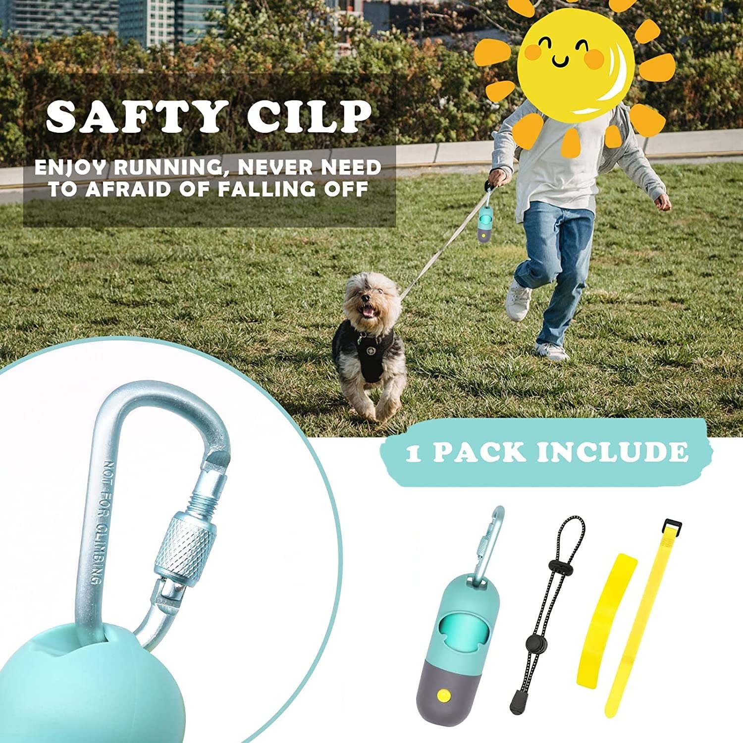 YUCHIYA Dog Poop Bag Dispenser with Flashlight, Leash Clip, Straps, 1 Roll, Acrylic, Crystal Blue