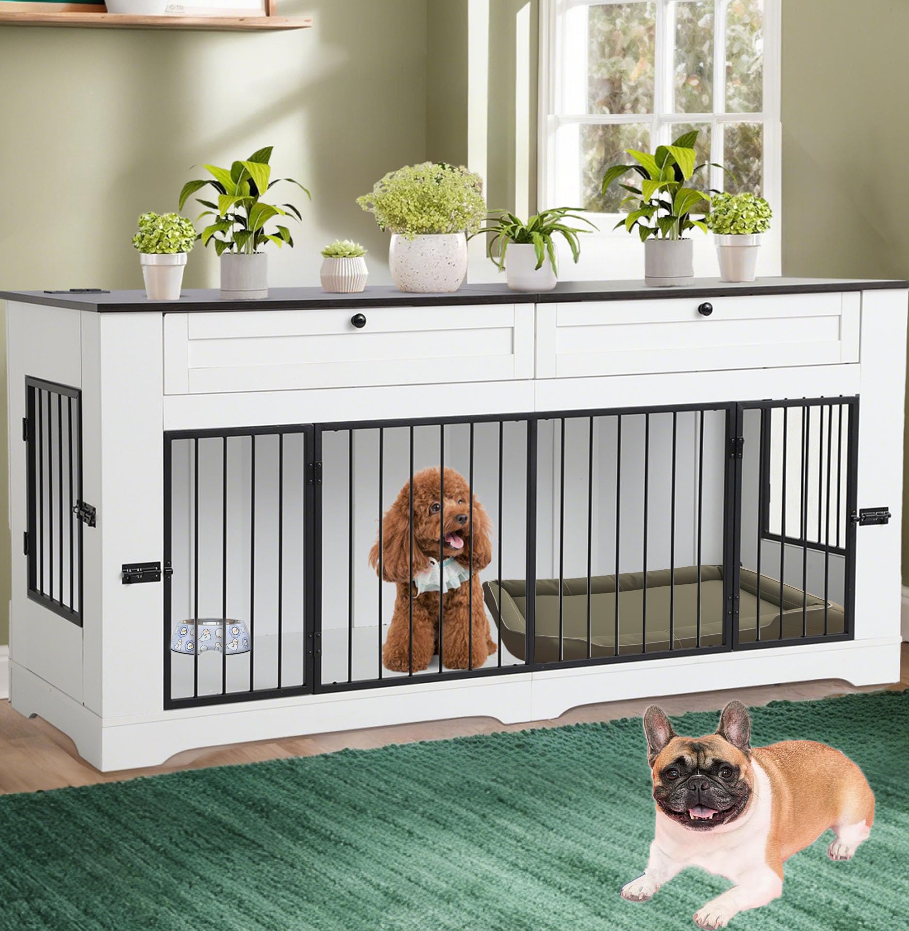 Dog Crate Furniture TV Stand with Charging Station-47.24  Heavy Duty Dog Kennel Furniture tv Table with 2 Drawers Storage,Indoor