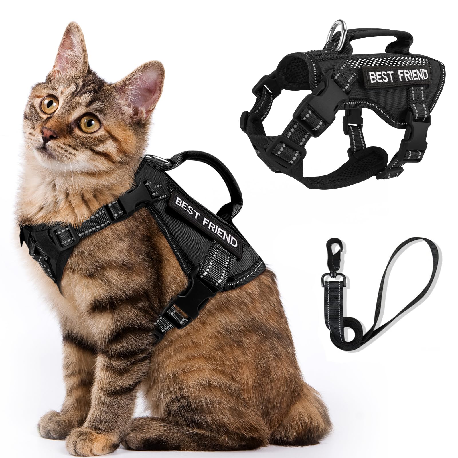 Salfse Large Tactical Cat Harness Leash, Air Mesh Adult Cat Walking Vest Harness Escape Proof With Handle, Reflective (Ablack, X