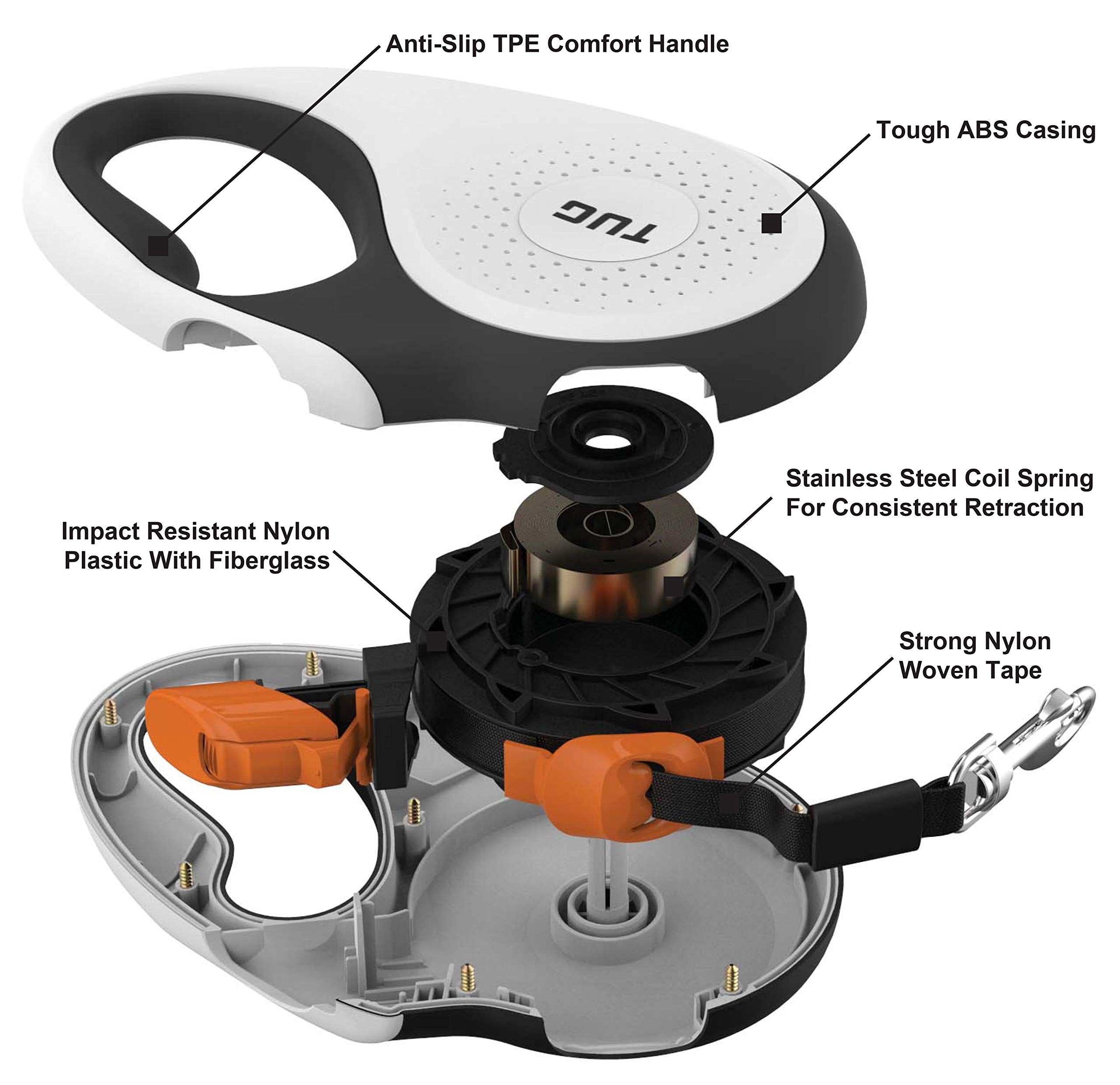 Tug 360?Tangle-Free Retractable Dog Leash With Anti-Slip Handle | 16 Ft Strong Nylon Tape | One-Handed Brake, Pause, Lock (Large, White/Orange)