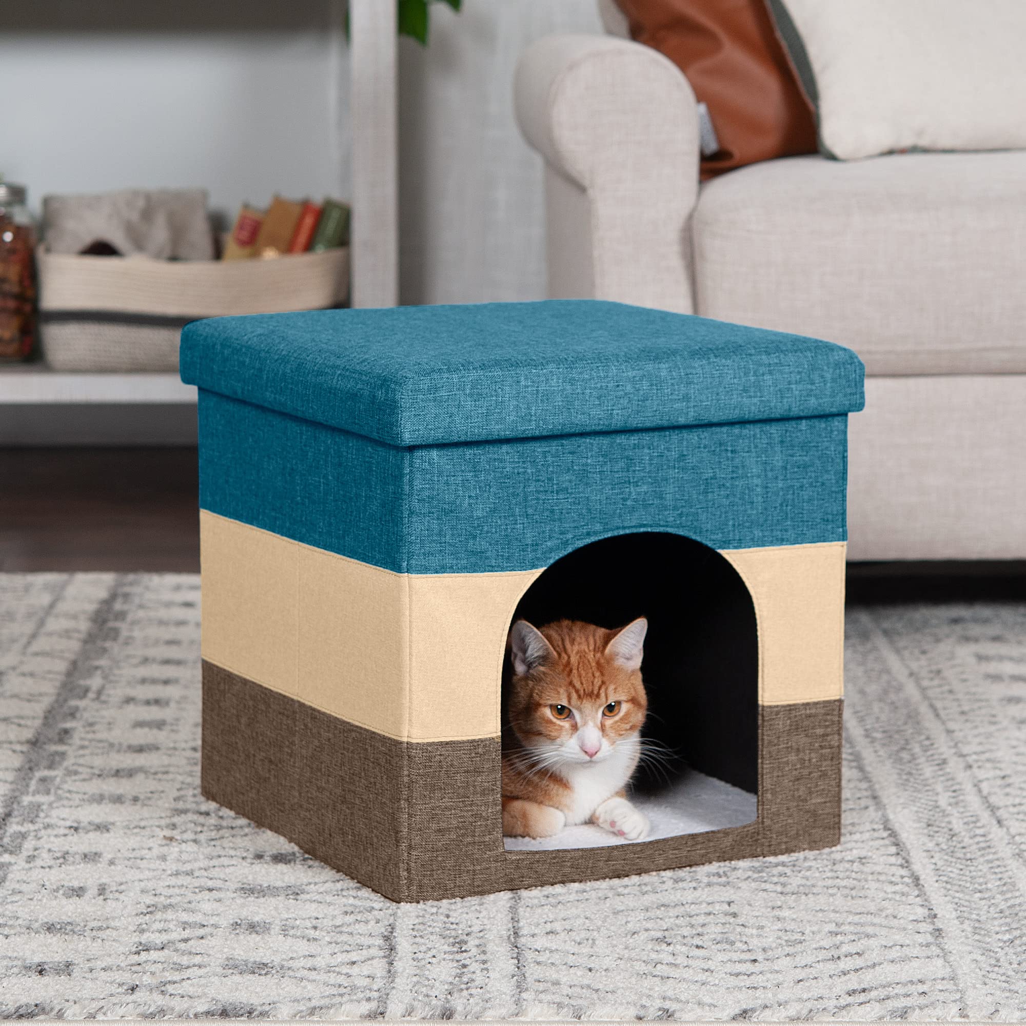 Furhaven Pet House for Indoor Cats & Small Dogs, Collapsible & Foldable w/ Plush Ball Toy - Living Room Footstool Cat Condo - Be