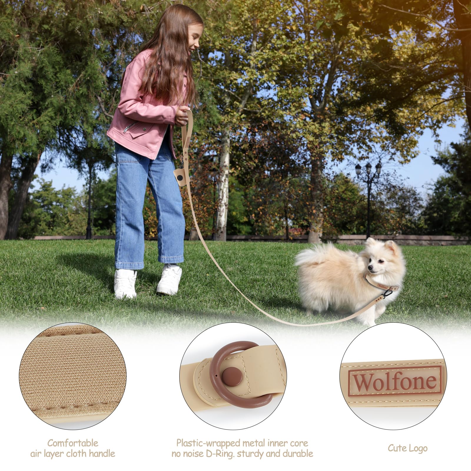 Wolfone 6Ft Safety Auto-Lock Carabiner Dog Leash Soft Handle Waterproof Cute Colored Leash For Dogs Sand