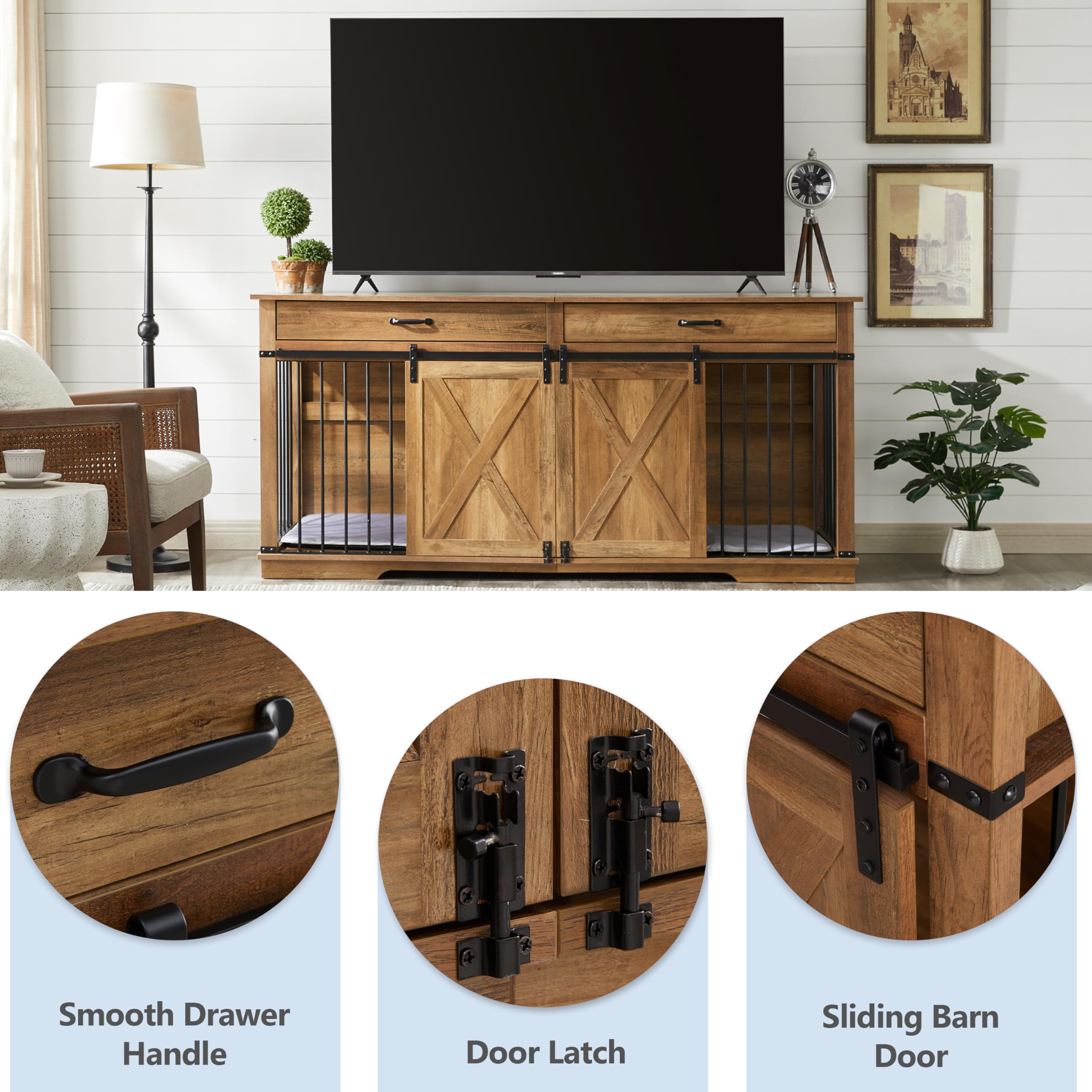 KACVON Dual Dog Kennel for 2 Medium Dogs, Rustic Oak Wooden Pet Crate, 72.5 Indoor Dog Cage & TV Stand, Extra Large with Removable Divider