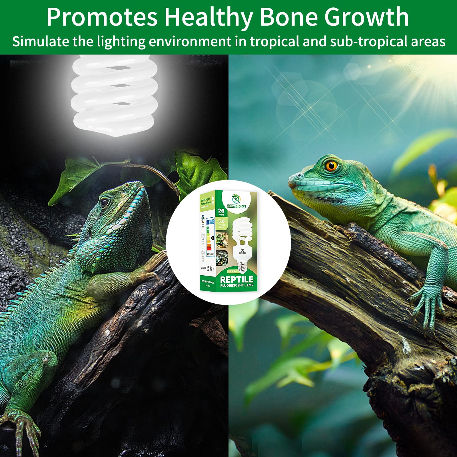 Repti Home Uvb Reptile Light 5.0, 26W Tropical And Sub-Tropical Uva Uvb Bulb For Reptiles, Tropical Terrarium Compact Fluorescent Lamp, Reptile Uvb Light Bulb For Chameleons, Iguanas, And Turtles