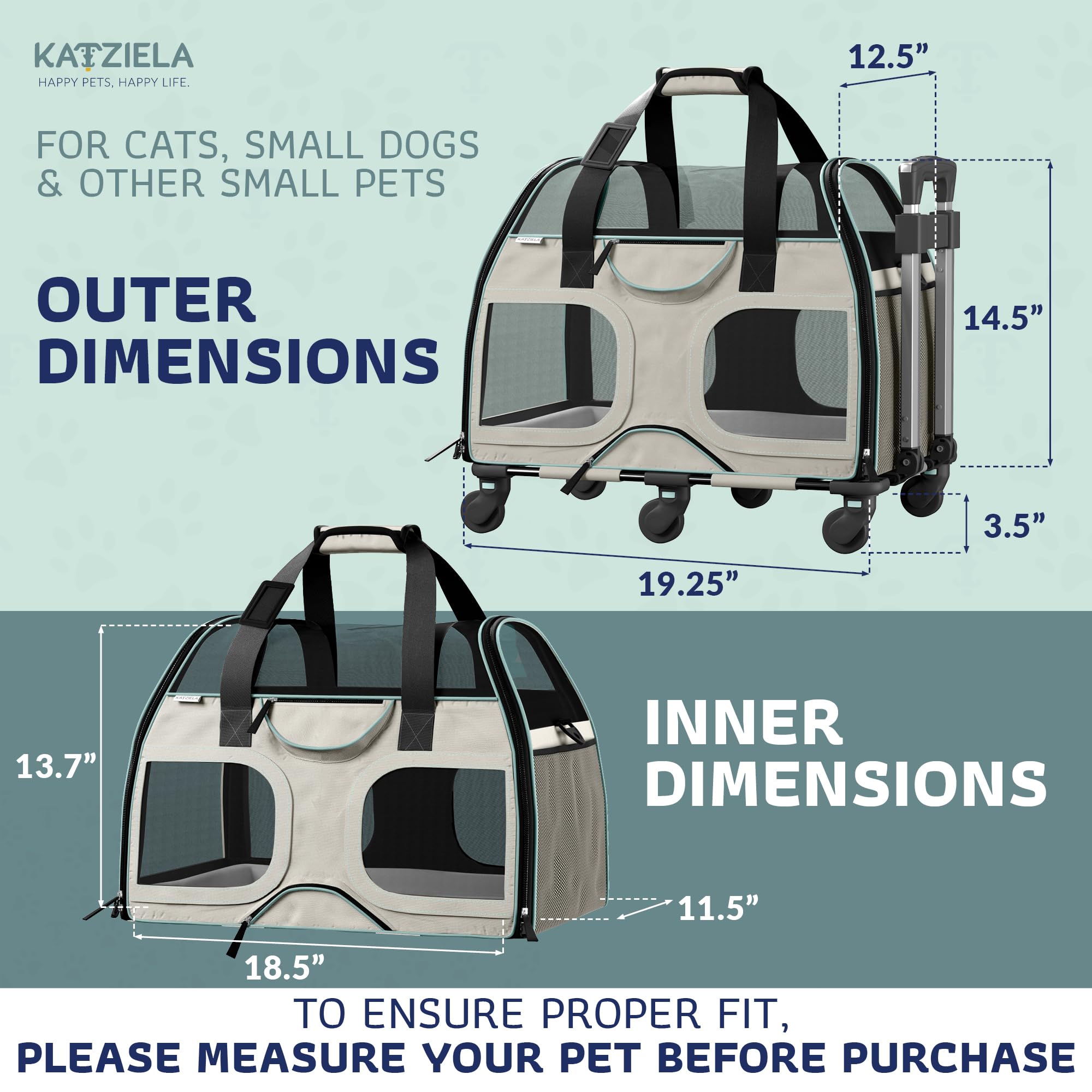 Katziela Rolling Pet Carrier - Airline Compliant Dog Carrier - Tsa Approved Pet Carrier For Small Dogs And Cats - Soft Faa Trave