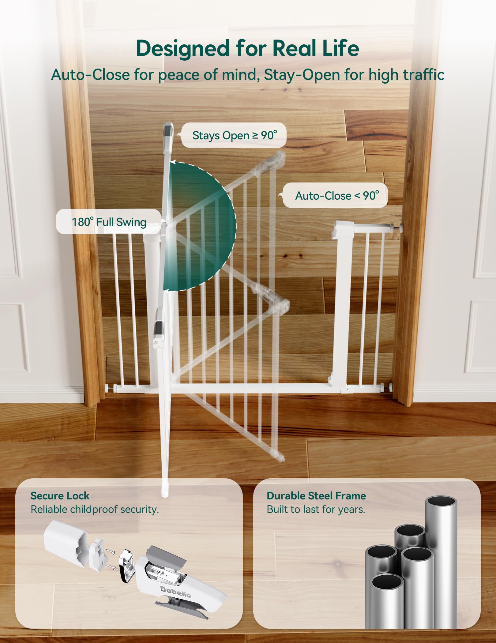 Babelio Baby Gate for Doorways and Stairs, 36 Tall Pet Gate, PressGuard P7 with Auto Close Design, 29-43 Wide Easy Install Press
