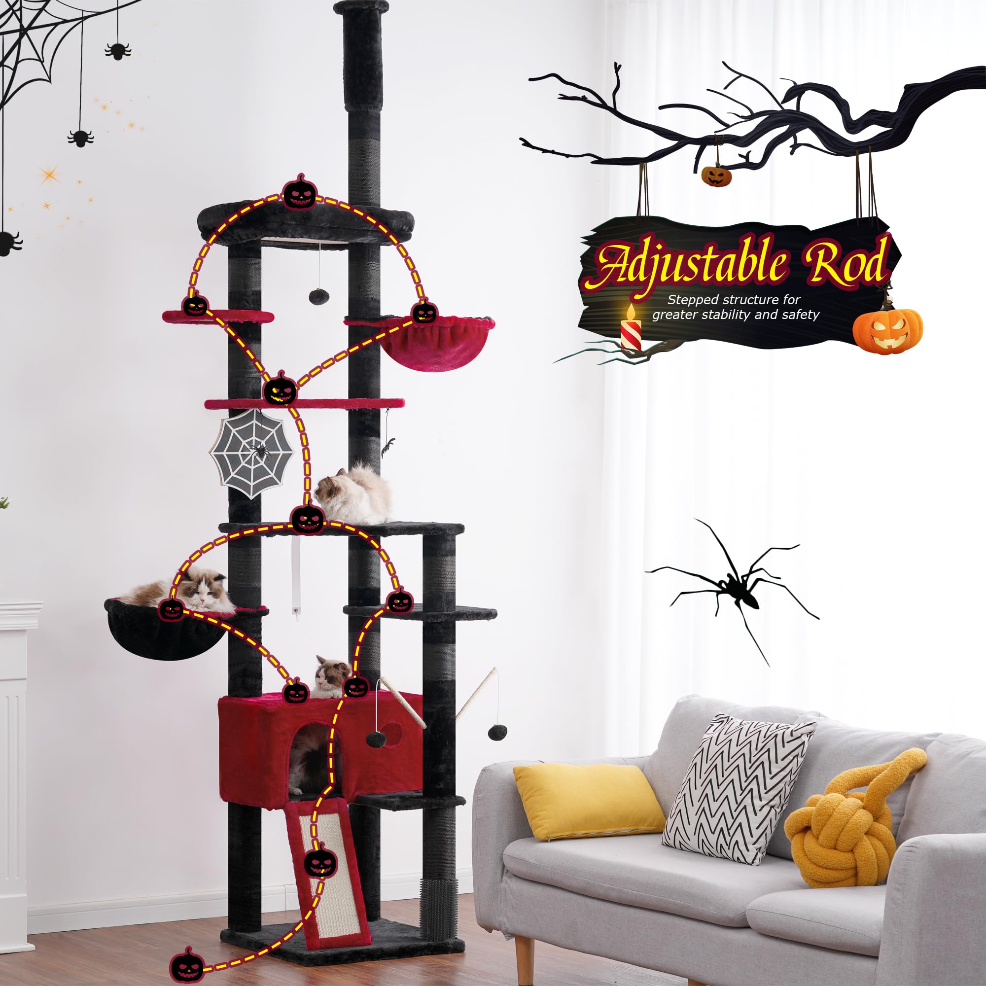 Hey-Brother Gothic Cat Tree, 98.4-110.2 Inches Floor To Ceiling Cat Tree-Adjustable Height, Tall Cat Climbing Tower For Cats Lar