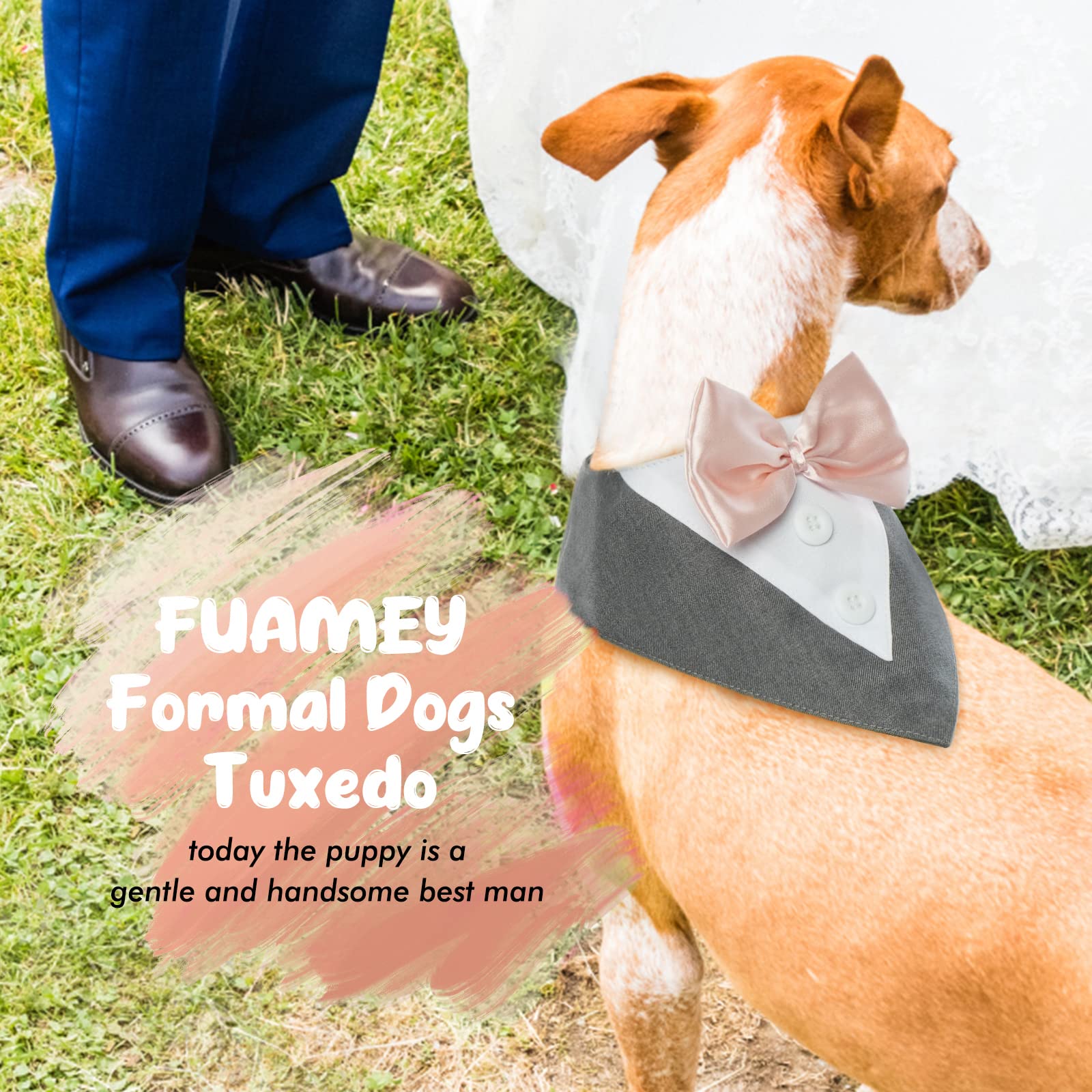 FUAMEY Tuxedo Dog Collar with Bow Tie - Formal Wedding Bandana for Small to Large Pets, Grey