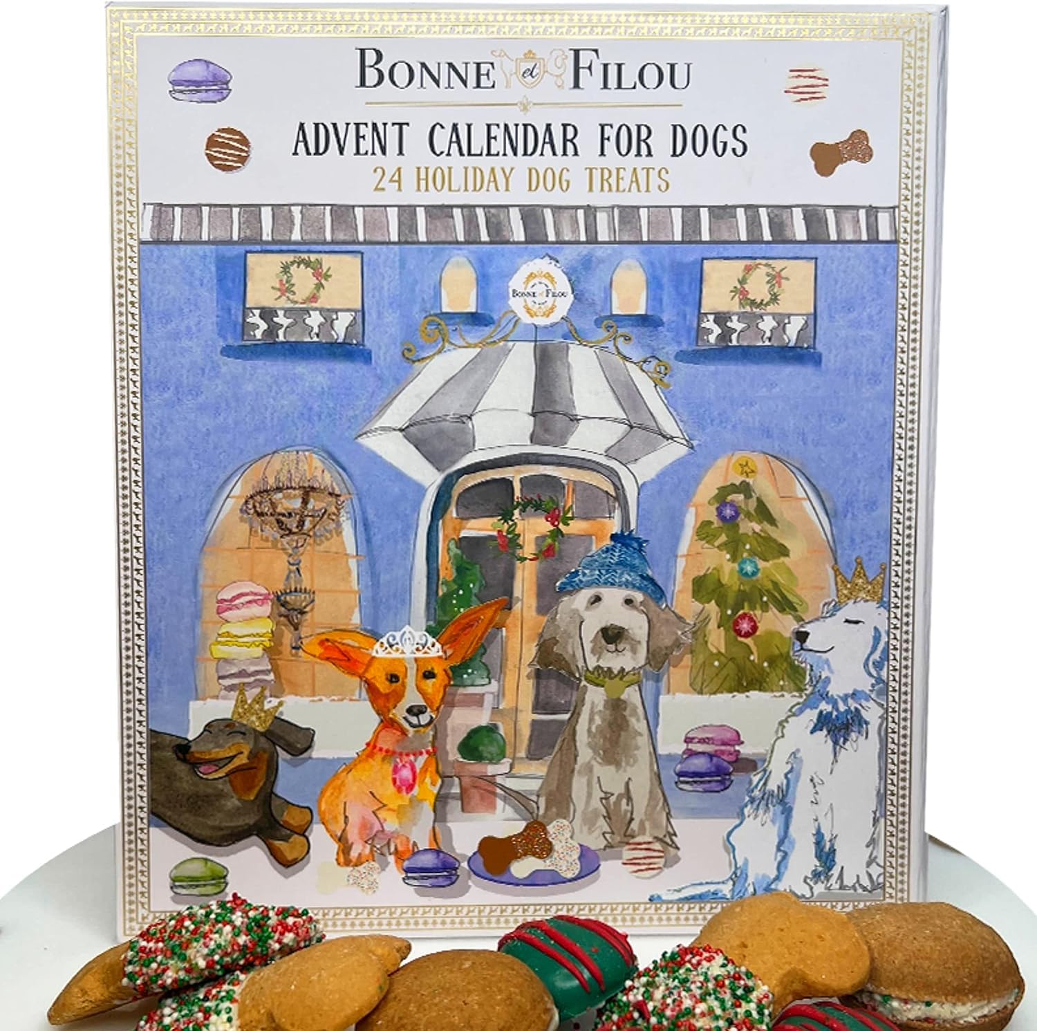 Bonne et Filou 2024 Dog Treats Advent Calendar - 24 Hand Designed Luxury Dog Treats with Dog Macarons, Truffles & Bone Cookies B
