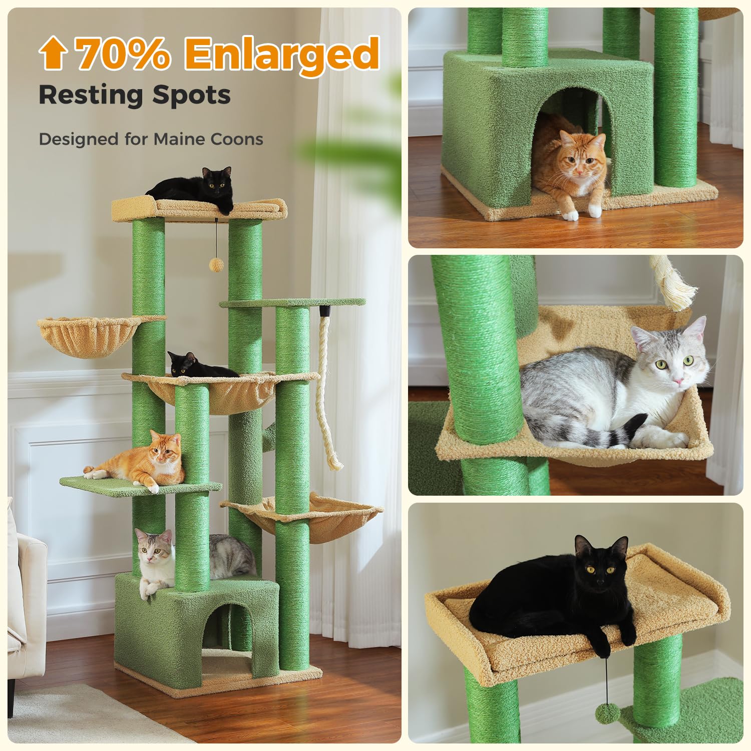 Muttros Cactus Cat Tree For Large Indoor Cats - 67 Tall Cat Tower With 13 Thick (F4.3In) Scratching Posts, Spacious Top Bed, M