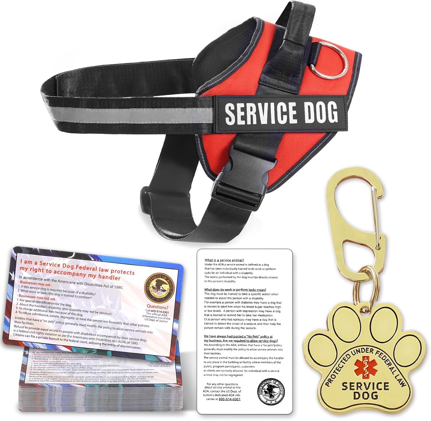 Service Dog Vest, ID Tag + 50 ADA Information Cards, Service Dog Harness w Patch in Sizes XX Small to XXX Large, Ruggedized Meta