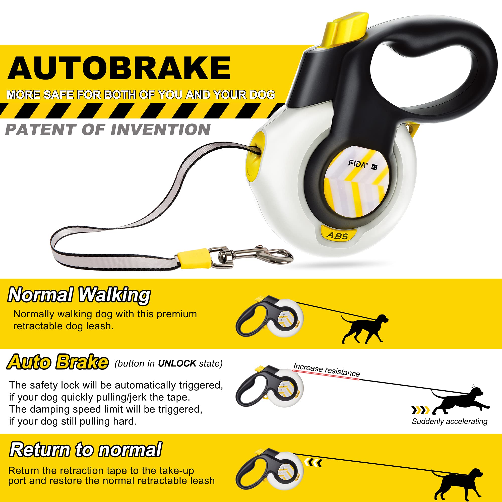 FIDA AutoBrake Retractable Dog Leash. Advanced Patented Design for Dog Pulling, 16 ft Heavy Duty No Pull Pet Walking Leash for M