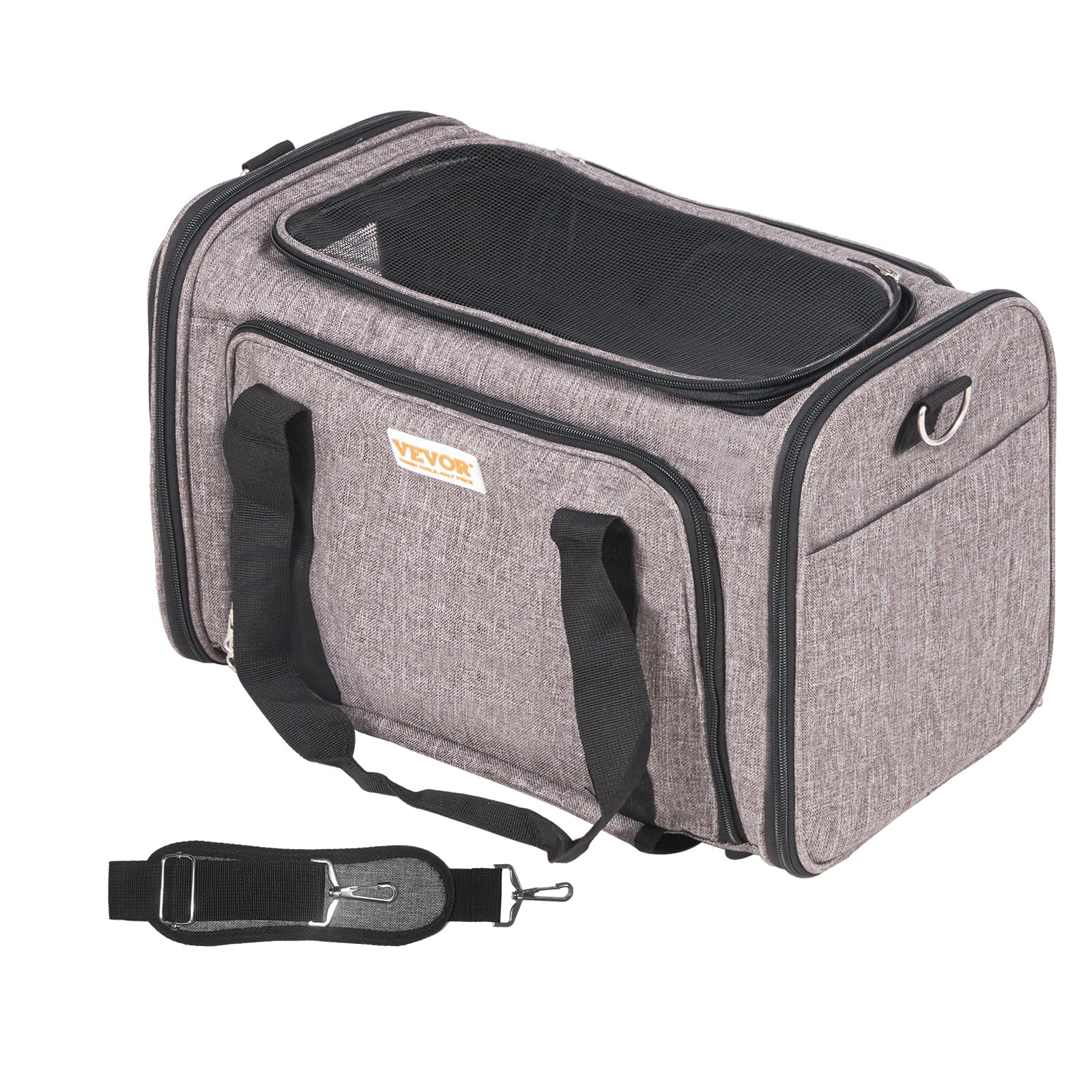 VEVOR Rolling Pet Carrier with Wheels, Expandable, Grey, 17.5L x 11.2W x 11.4H, for Pets up to 25lbs, Model