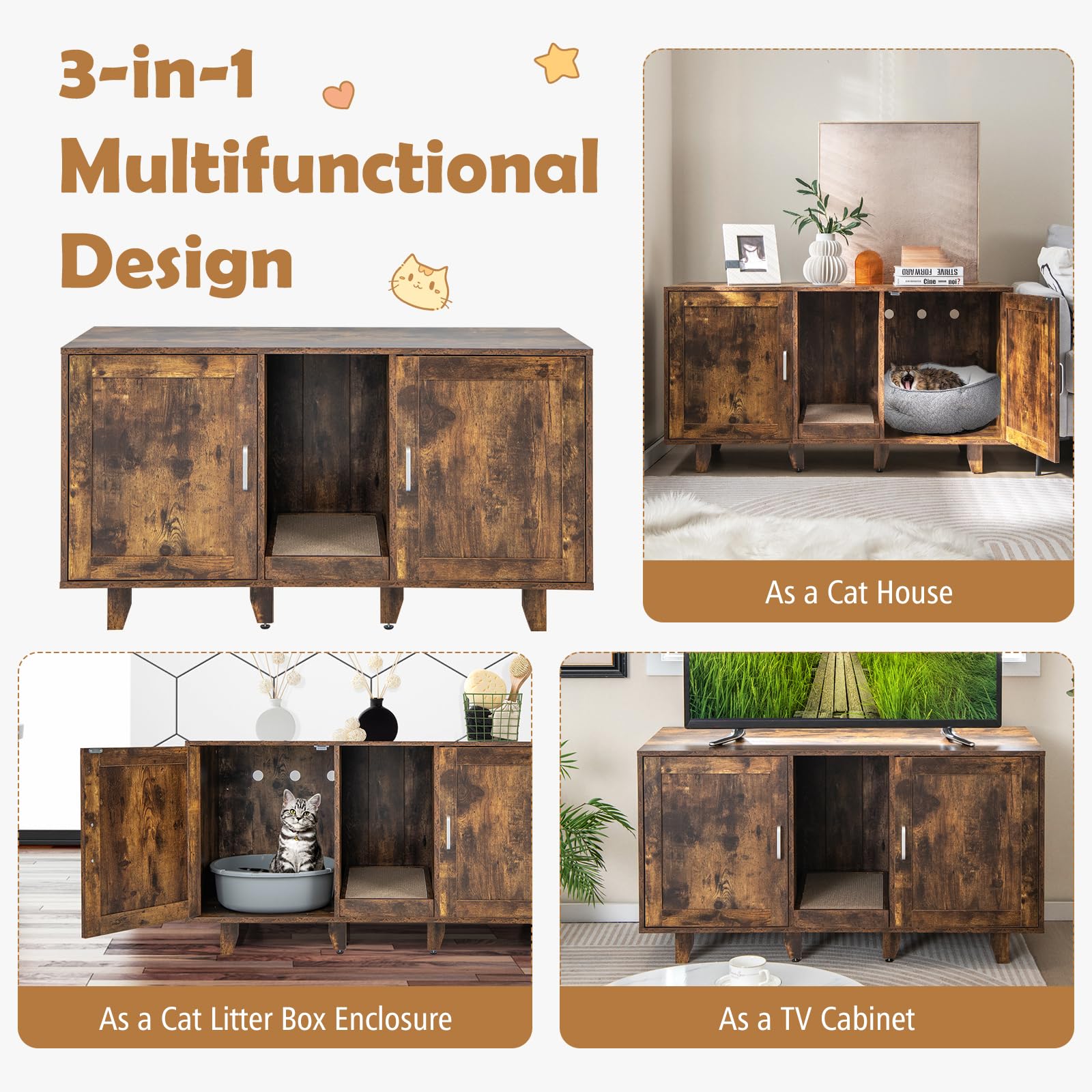 Petsite Litter Box Enclosure For 2 Litter Boxes, Hidden Cat Washroom Tv Stand End Table With 2 Cabinet, Scratching Board, Indoor Cat Litter Furniture (Rustic Brown)