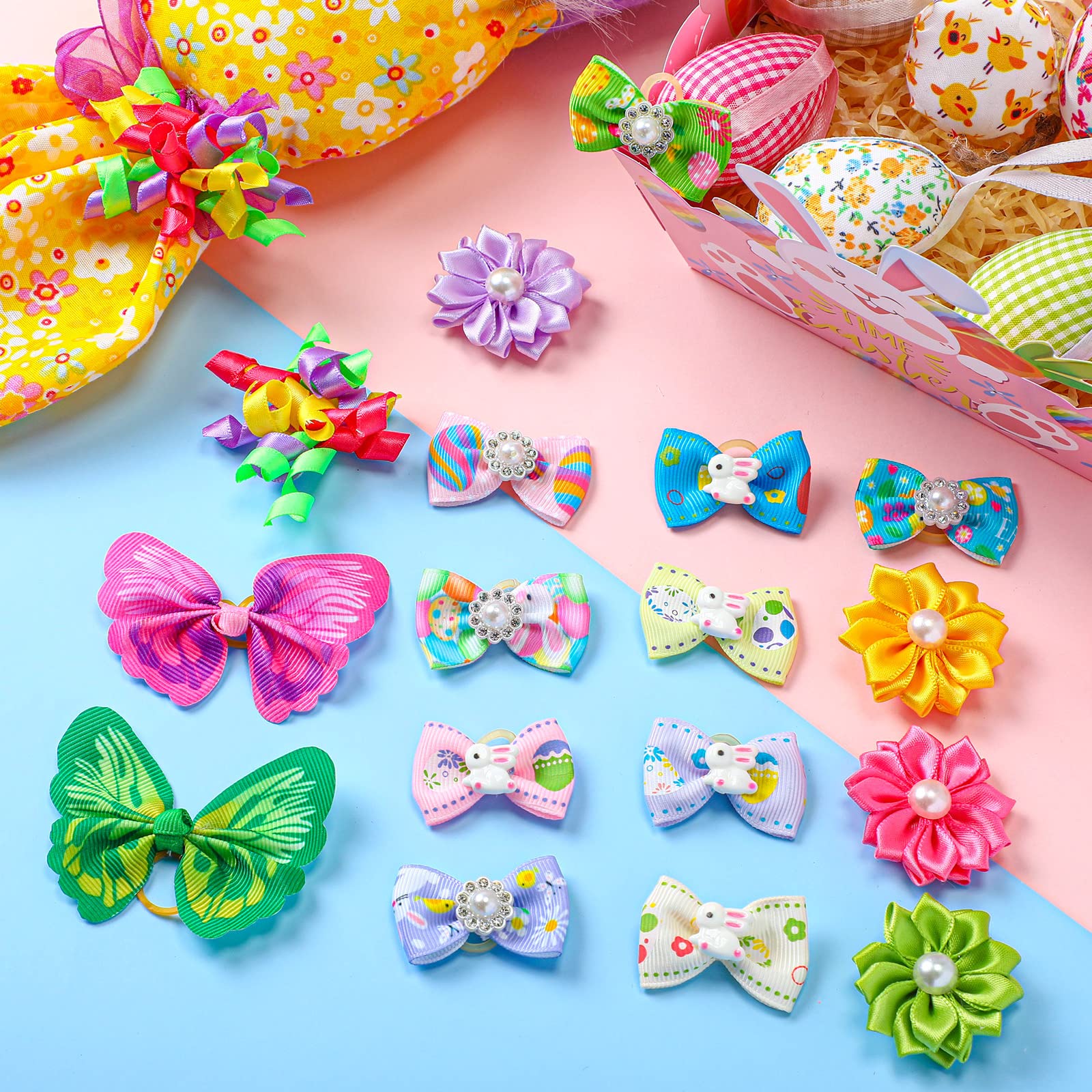 Mtlee 50 Pcs Easter Dog Bows Dog Hair Bows Grooming Bows Cute Rabbit Pattern With Rubber Bands Puppy Yorkie Cat Bunny Butterfly