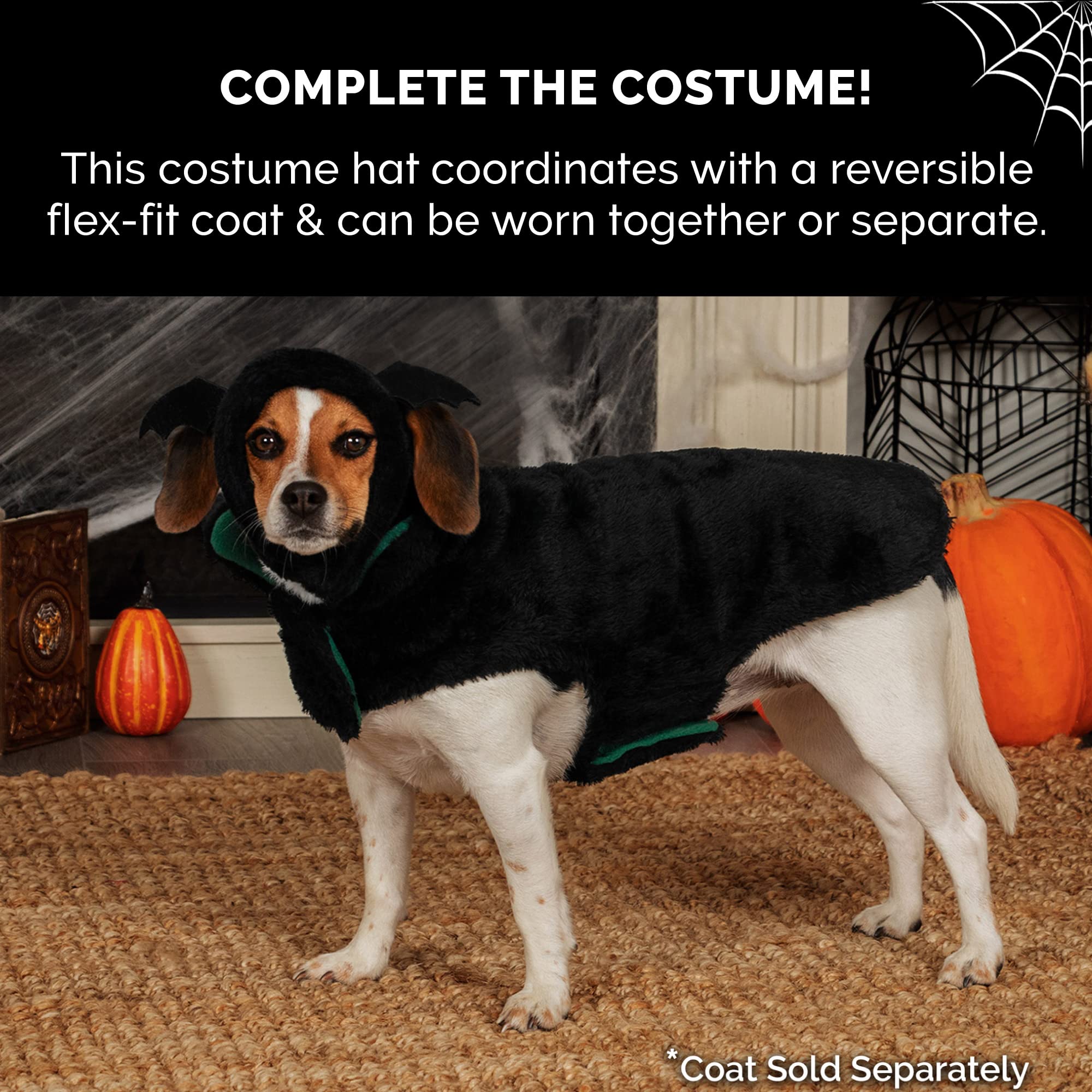 Furhaven Lg-Xl Dog Hat Flex-Fit Black Bat Plush Faux Fur Halloween Costume, Washable - Black, Large To X-Large