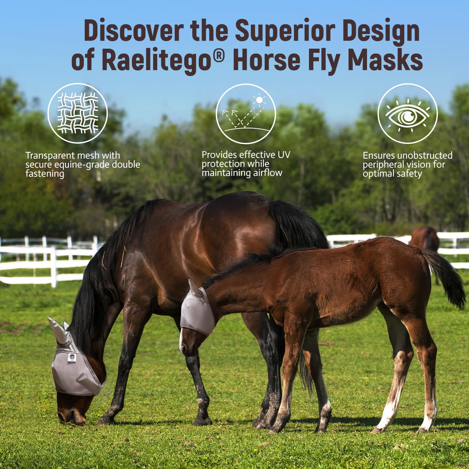 Raelitego Horse Fly Mask, Adjustable Fly Masks for Horses with Ears, UV Protection from Insect Pests Comfort Mesh Without Nose A