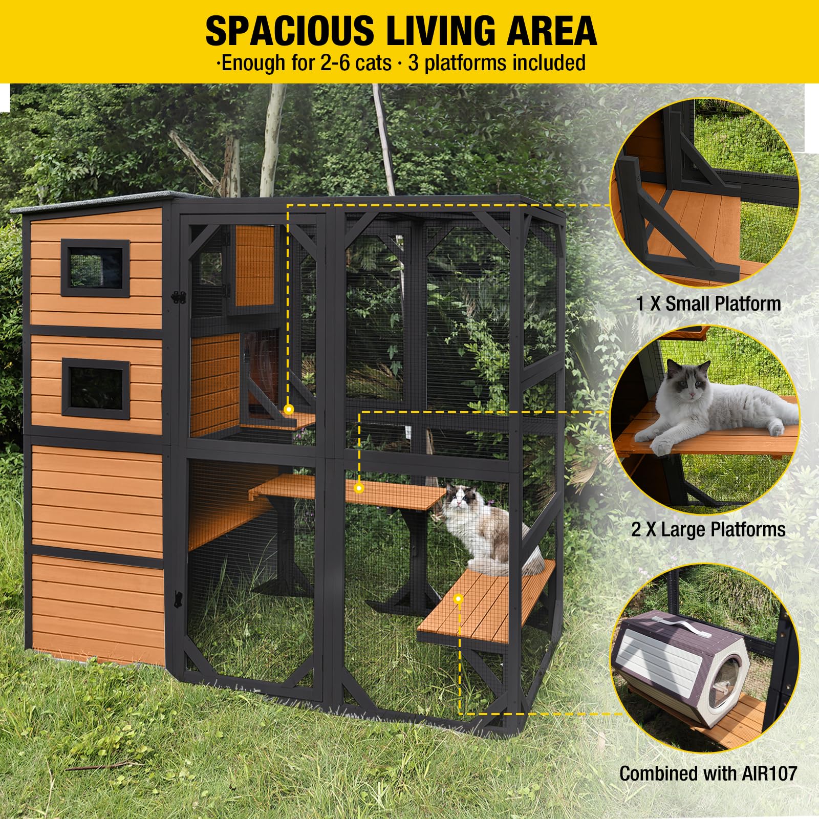 Aivituvin Large Cat Catio 4 Tiers Cat Enclosures House For Outdoor Indoor Cats With Weatherproof Roof, 3 Resting Rooms, 3 Platfo