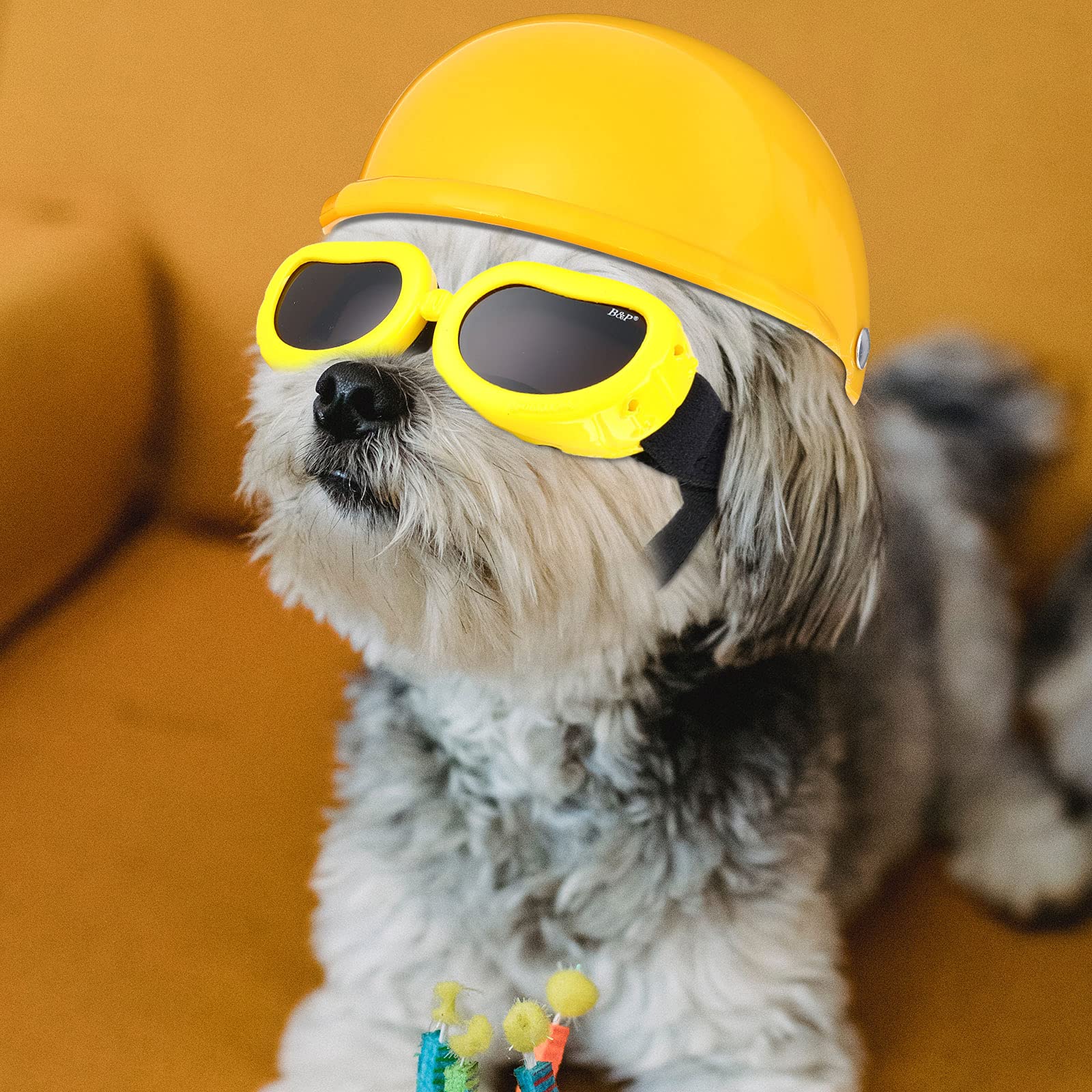 Pet Dog Helmet And Dog Goggles Set 4 Inch Padded Pet Motorcycle Helmet Dog Sunglasses Safety Pet Cap Dog Hard Hat Adorable Puppy Goggles With Adjustable Belt For Small Dog Riding,S Size (Yellow)