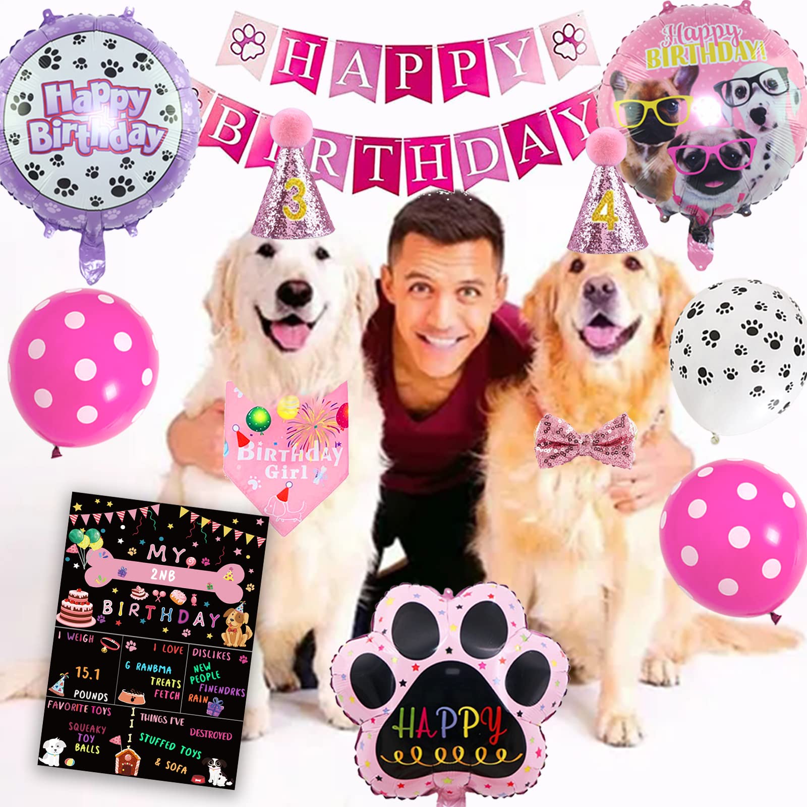 Dog Party Supplies Decorations - Cute Bandana, Let'S Pawty Banner, Cake Topper, Hat, Pink Bowtie, Tutu Skirt, Paw Balloon For Bi