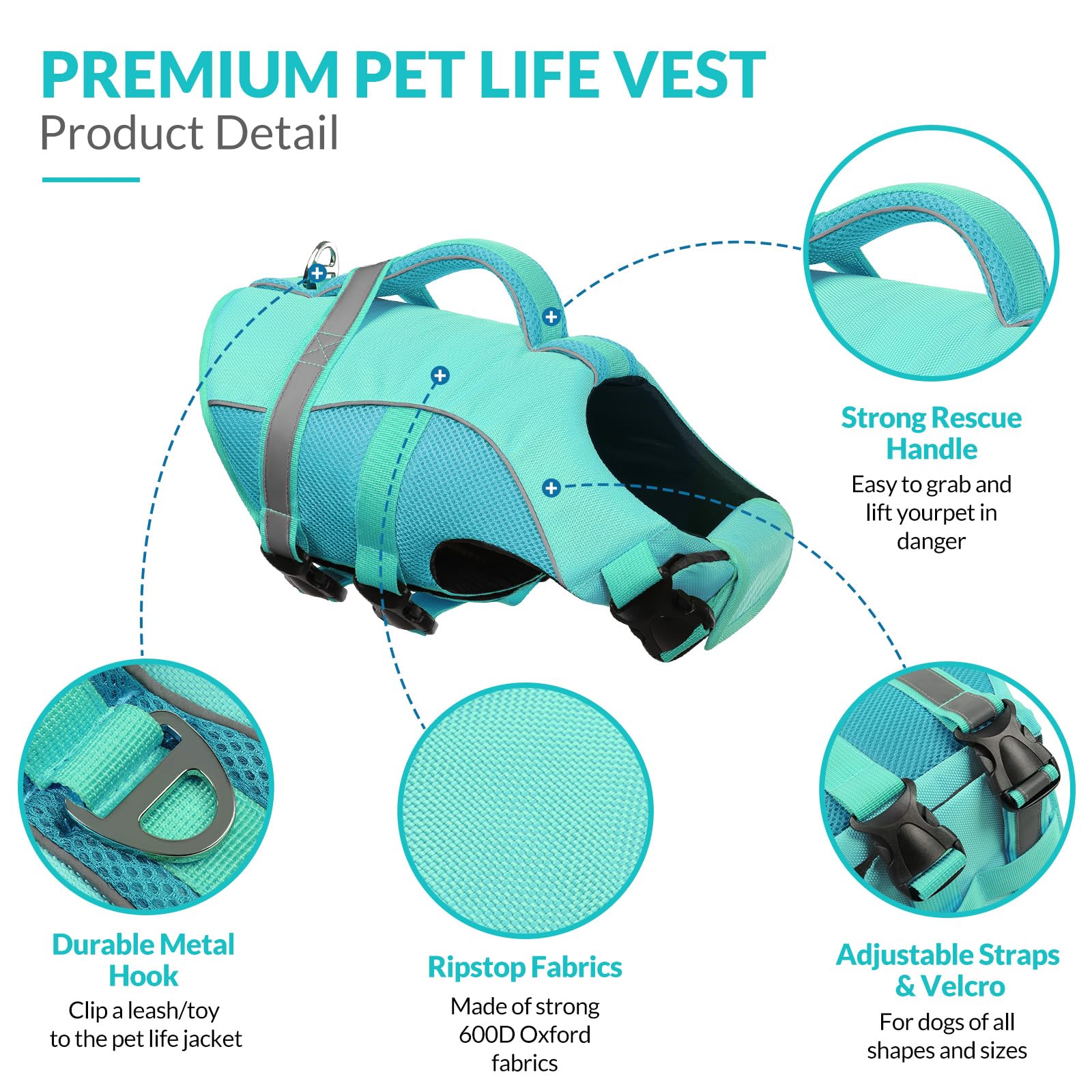 Queenmore Dog Life Vest For Swimming Boating, Adjustable Ripstop Dog Life Jacket, Lifesaver With Superior Buoyancy And Rescue Ha