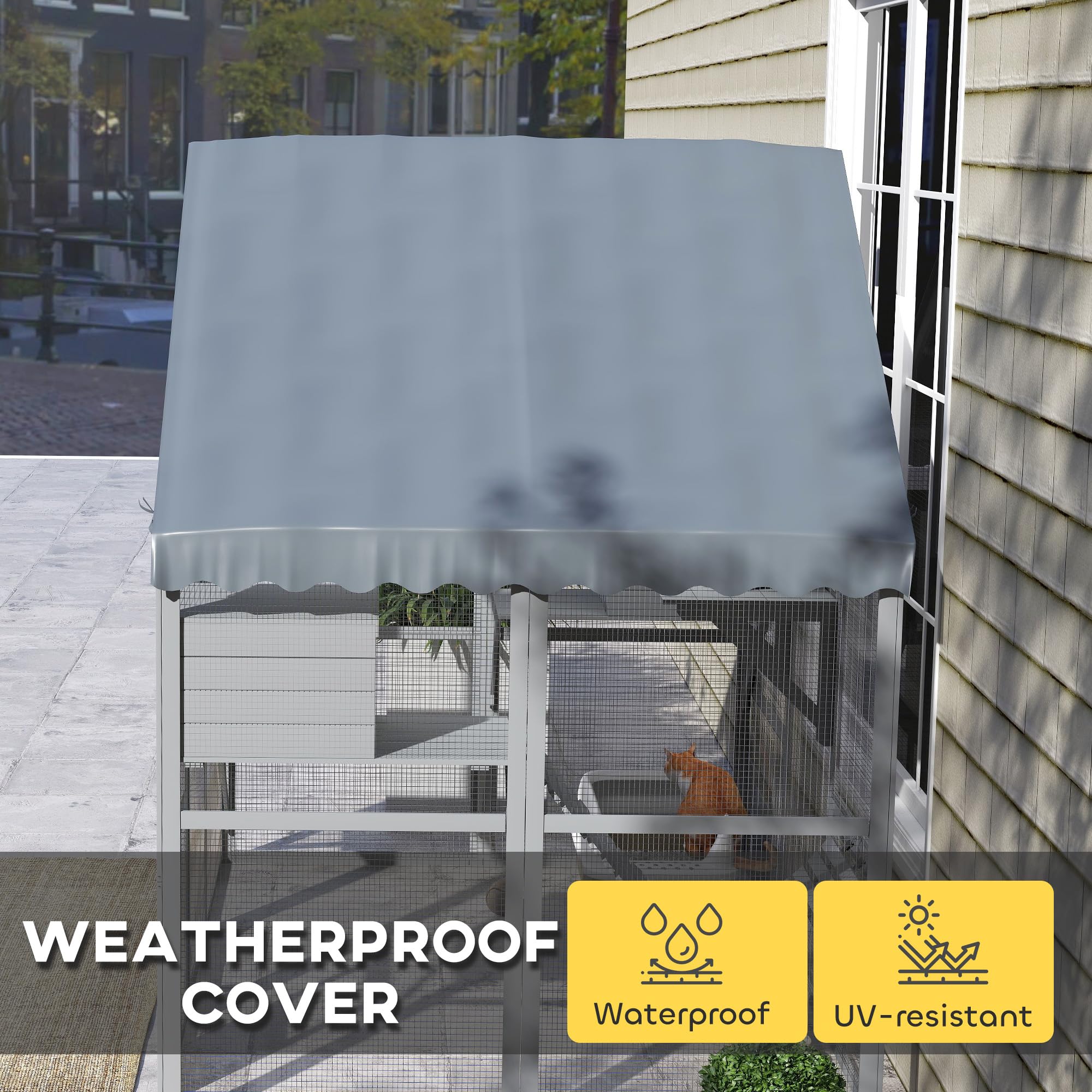 Pawhut Large Catio Outdoor Cat Enclosure For Multiple Kittens, Wooden Cat House With Waterproof Cover, Walk In Kitty Cage Kennel