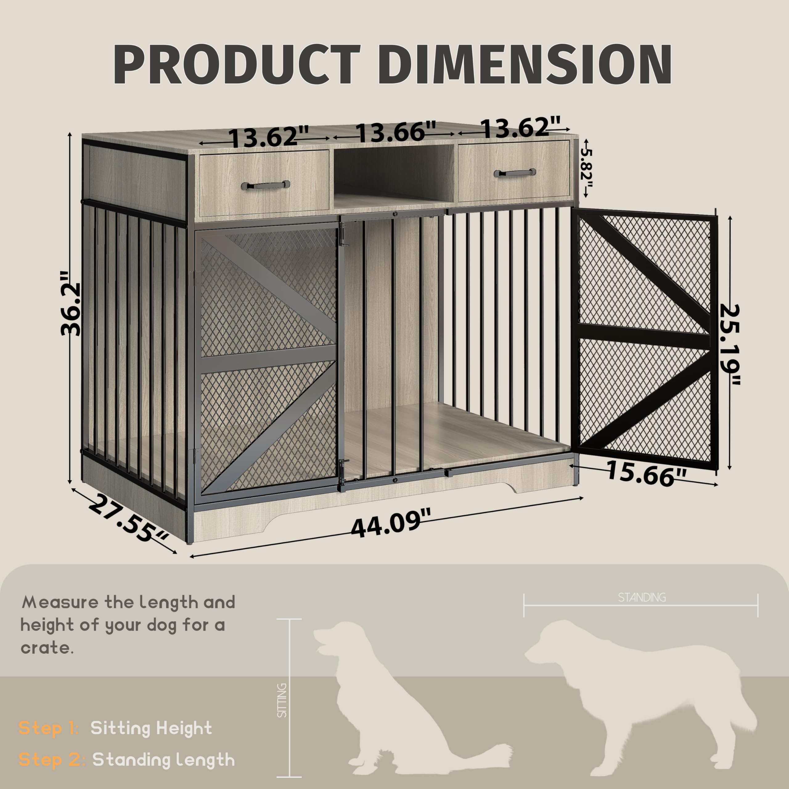 Fatmok Dog Crate Furniture, 44  Large Dog Kennel Furniture Indoor, Metal XL Dog Cage for Large/Medium Dogs, Wooden Heavy Duty De